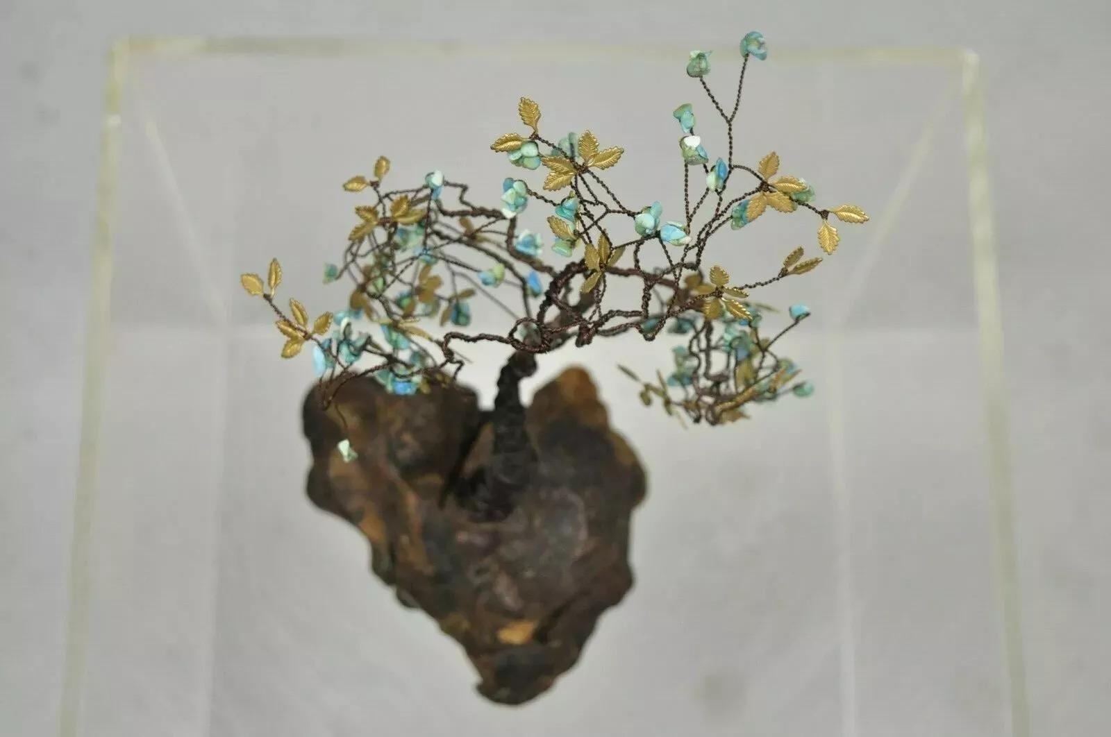 Sculpture brutaliste moderne en cuivre fil de fer 14 pouces Bonsaï arbre, feuilles de laiton, fruits et pierre 1