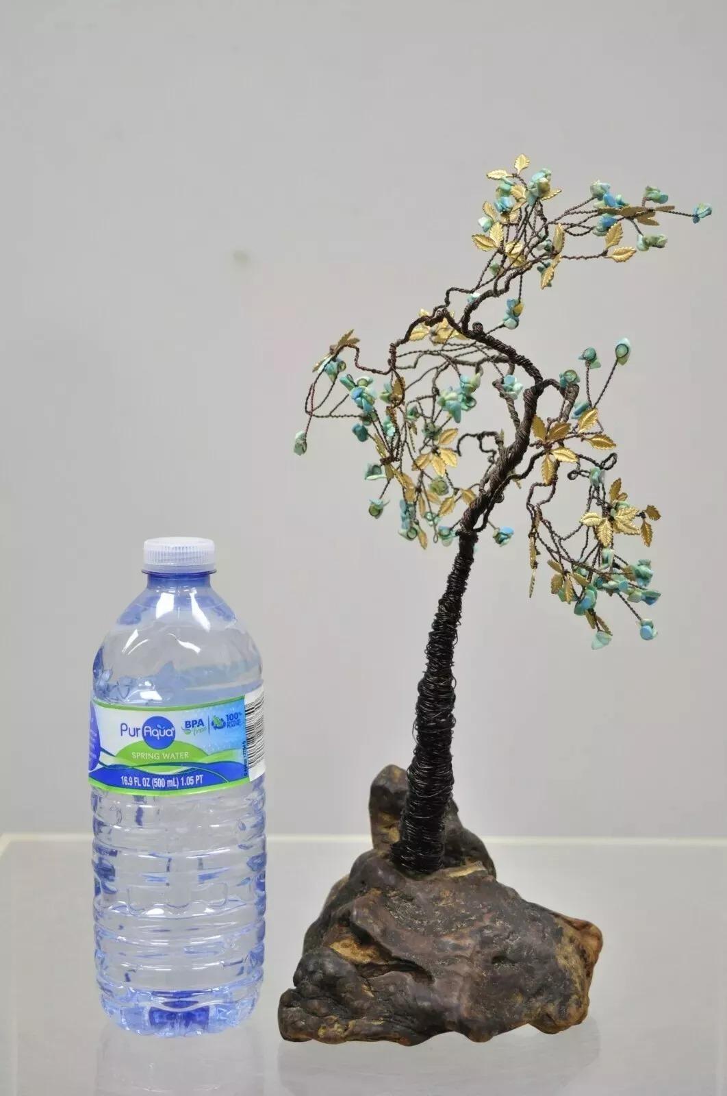 Sculpture brutaliste moderne en cuivre fil de fer 14 pouces Bonsaï arbre, feuilles de laiton, fruits et pierre 2