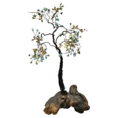 Brutalist Modern Copper Wire 14" Bonsai Tree Brass Leaves Stone Fruit Sculpture