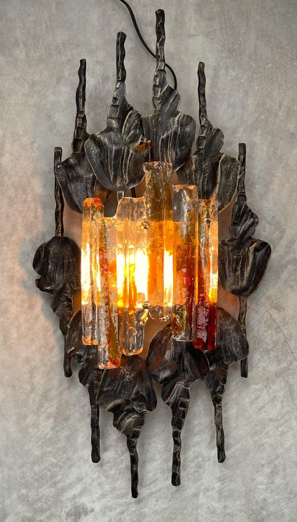 Murano Glass Brutalist Modern Glass Metal Sconce - Tom Ahlström and Hans Ehrich 1970s For Sale