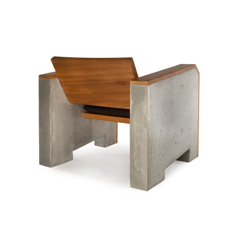 Brutalist Modern Outdoor Concrete Burmese Teak Lounge Chair For Sale at