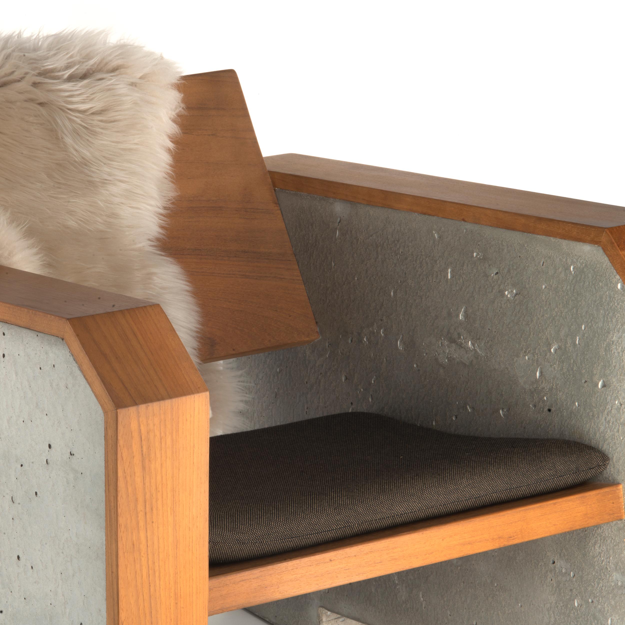 American Brutalist Modern Outdoor Concrete Burmese Teak Lounge Chair For Sale