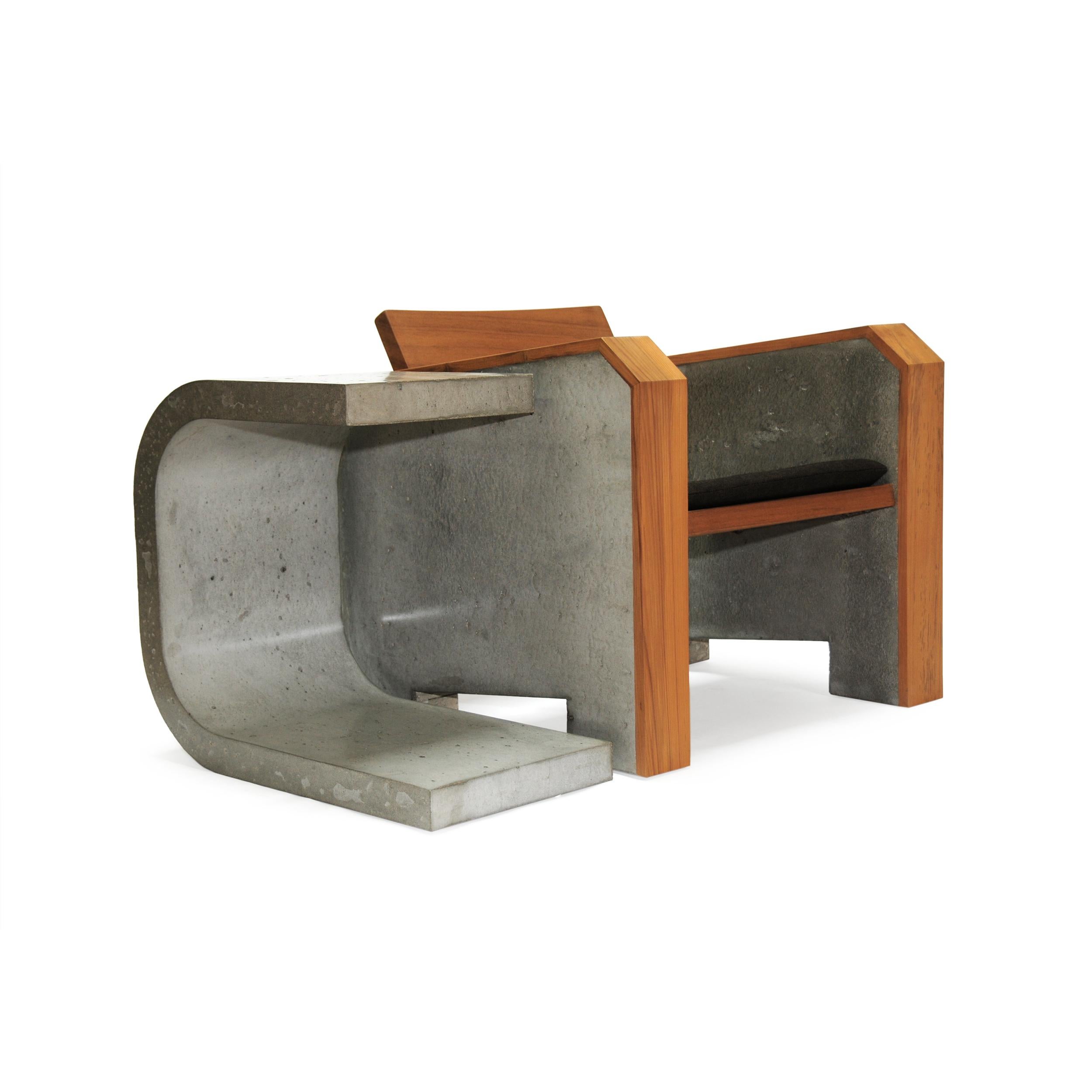 Contemporary Brutalist Modern Outdoor Concrete Burmese Teak Lounge Chair For Sale