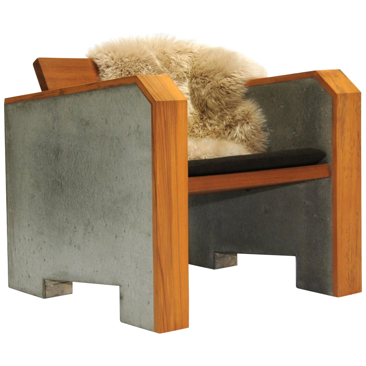 Brutalist Modern Outdoor Concrete Burmese Teak Lounge Chair For Sale