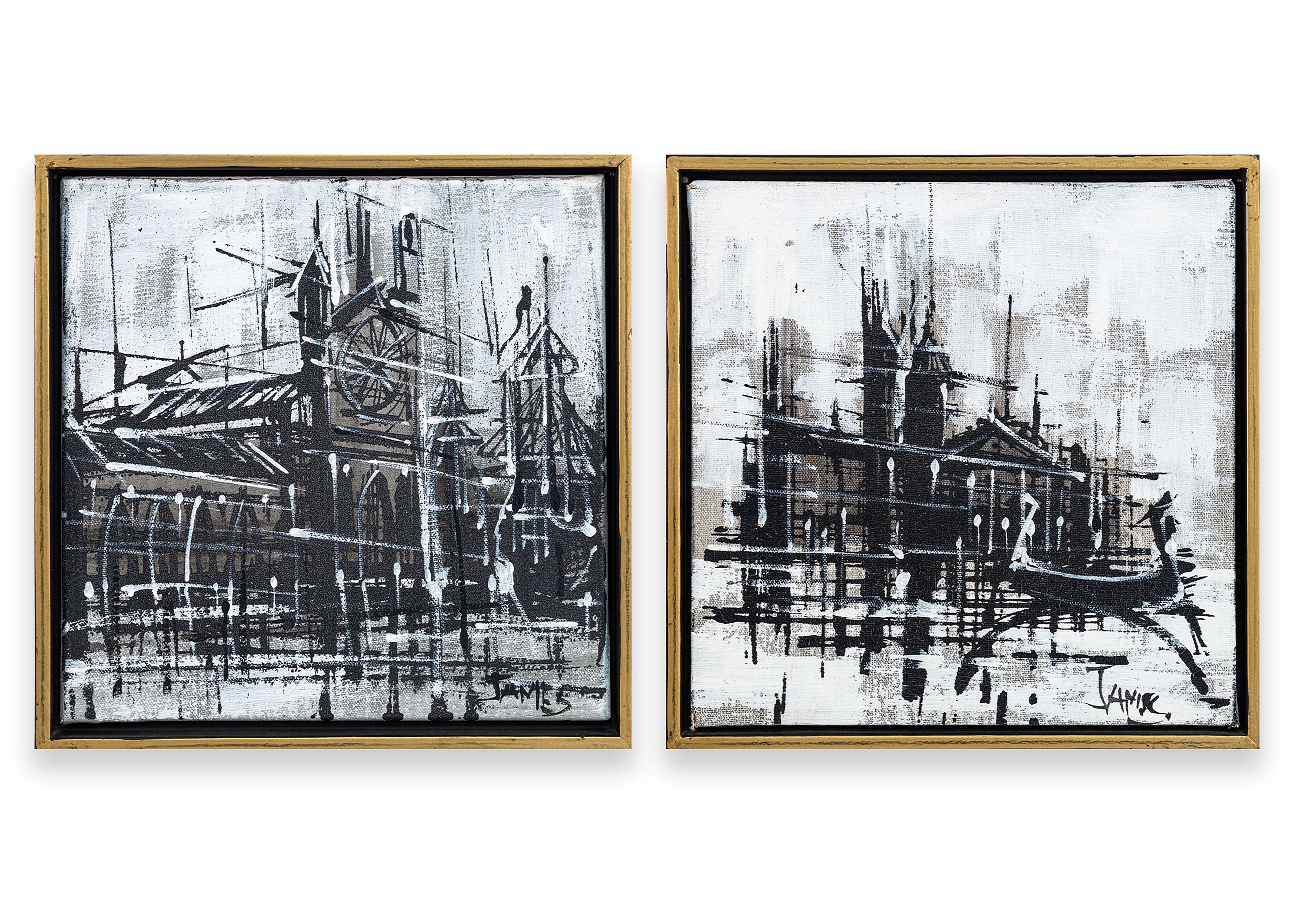 Paar brutalistische moderne Pariser und Venedig-Szenen aus Acryl auf Leinwand, 1970er Jahre im Angebot 5