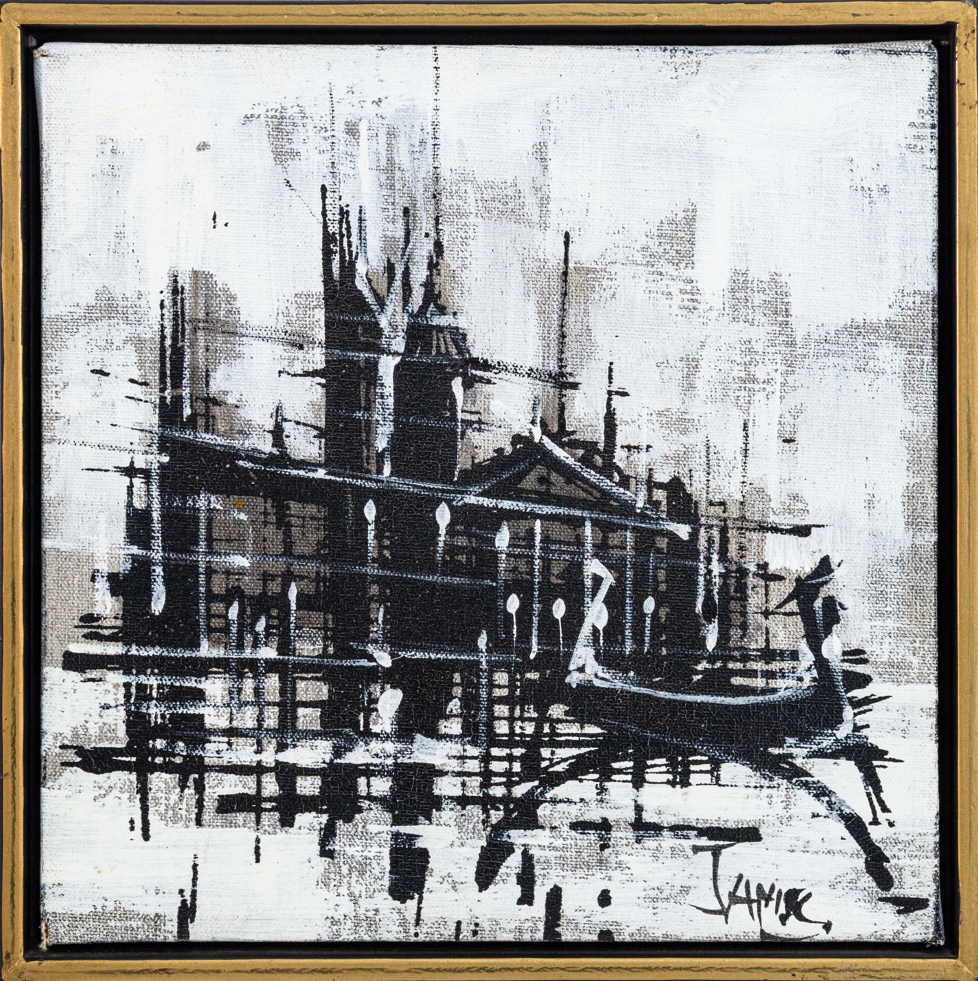 Ein Paar brutalistische moderne Acrylbilder auf Leinwand, rechts unten mit James signiert. Ca. 1970er Jahre. Minimalistische Schwarz-Weiß-Töne mit energischen Pinselstrichen. Die Kompositionen zeigen ikonische architektonische Wahrzeichen - die