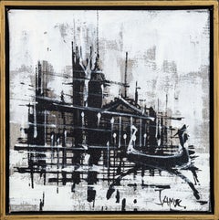 Brutalist Modern Paris & Venice Scenes Pair of Acrylic Paintings on Canvas 1970s