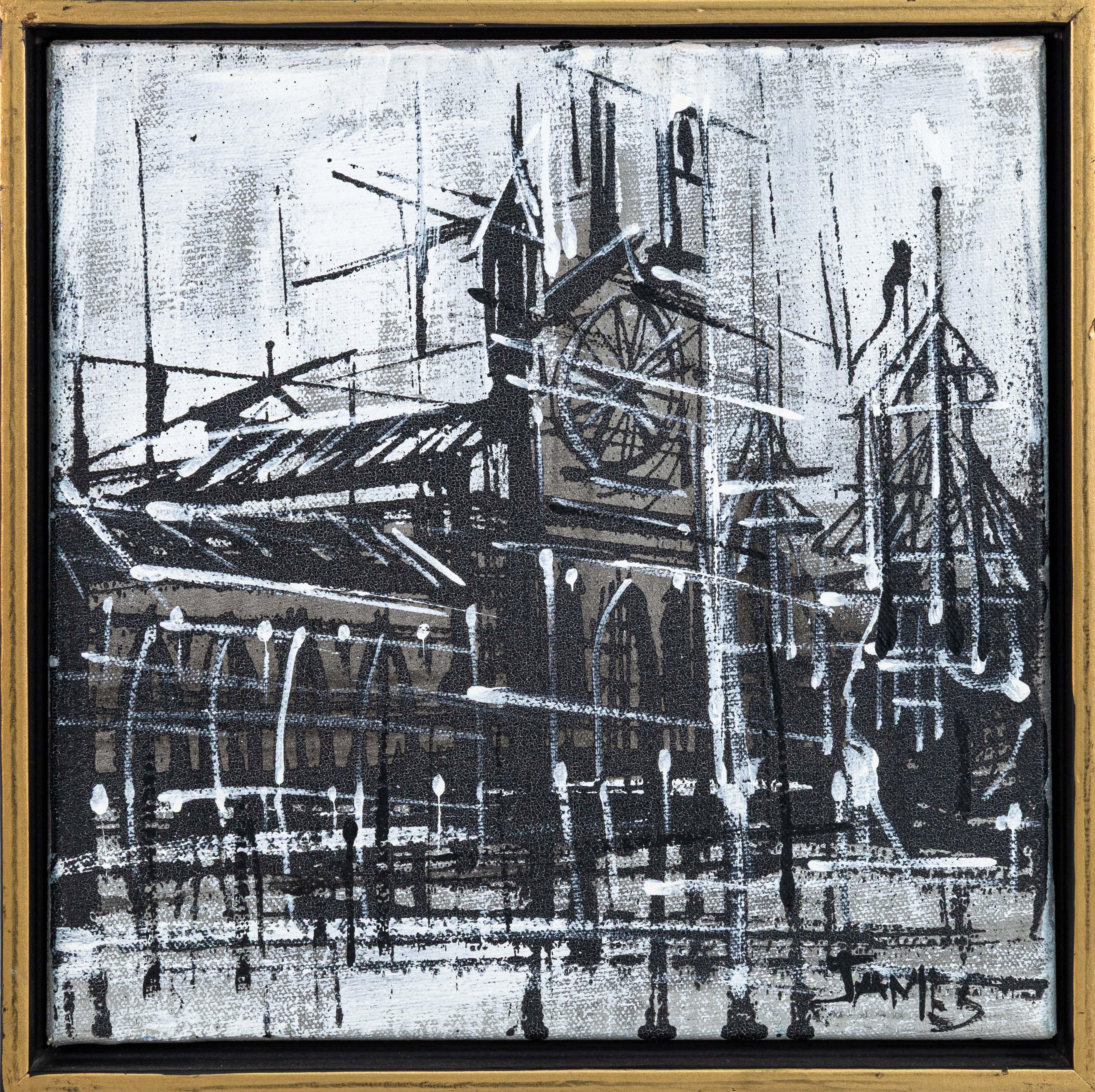 Paar brutalistische moderne Pariser und Venedig-Szenen aus Acryl auf Leinwand, 1970er Jahre (Brutalismus) im Angebot