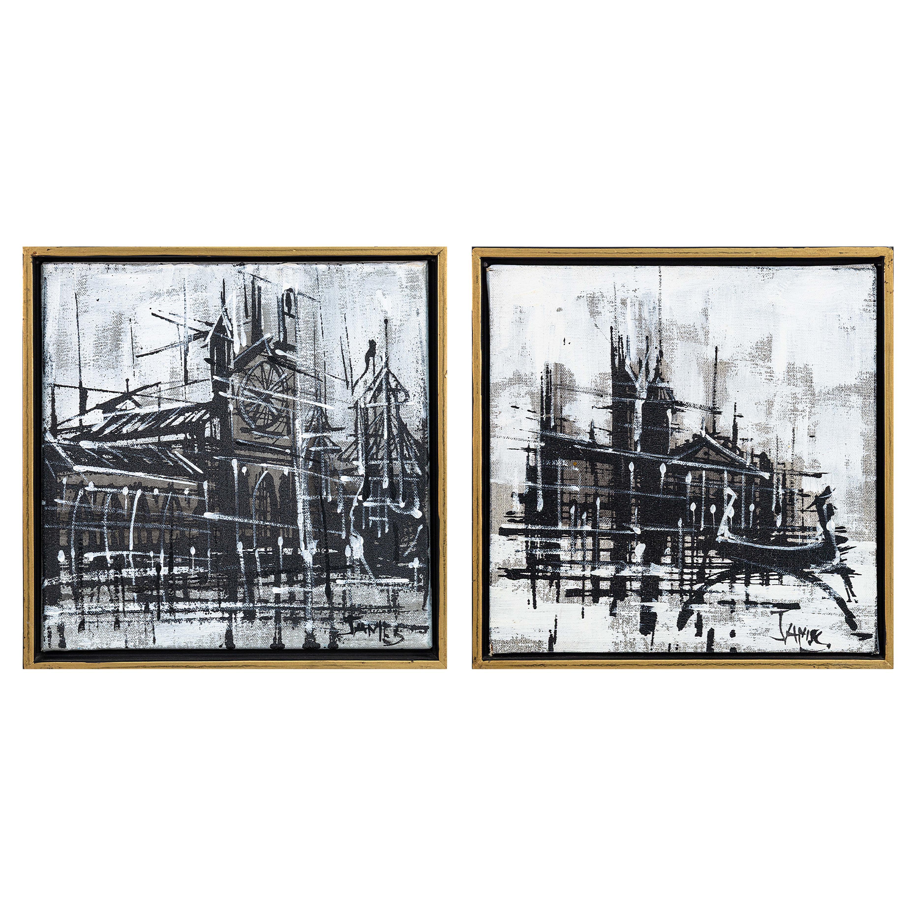 Scene brutaliste moderne di Parigi e Venezia Coppia di dipinti acrilici su tela degli anni '70