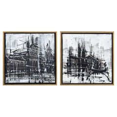Brutalist Modern Paris & Venice Scenes Pair of Acrylic Paintings on Canvas 1970s
