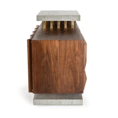 Brutalist Modern Walnut Concrete and Brass Audiophile Sideboard Credenza