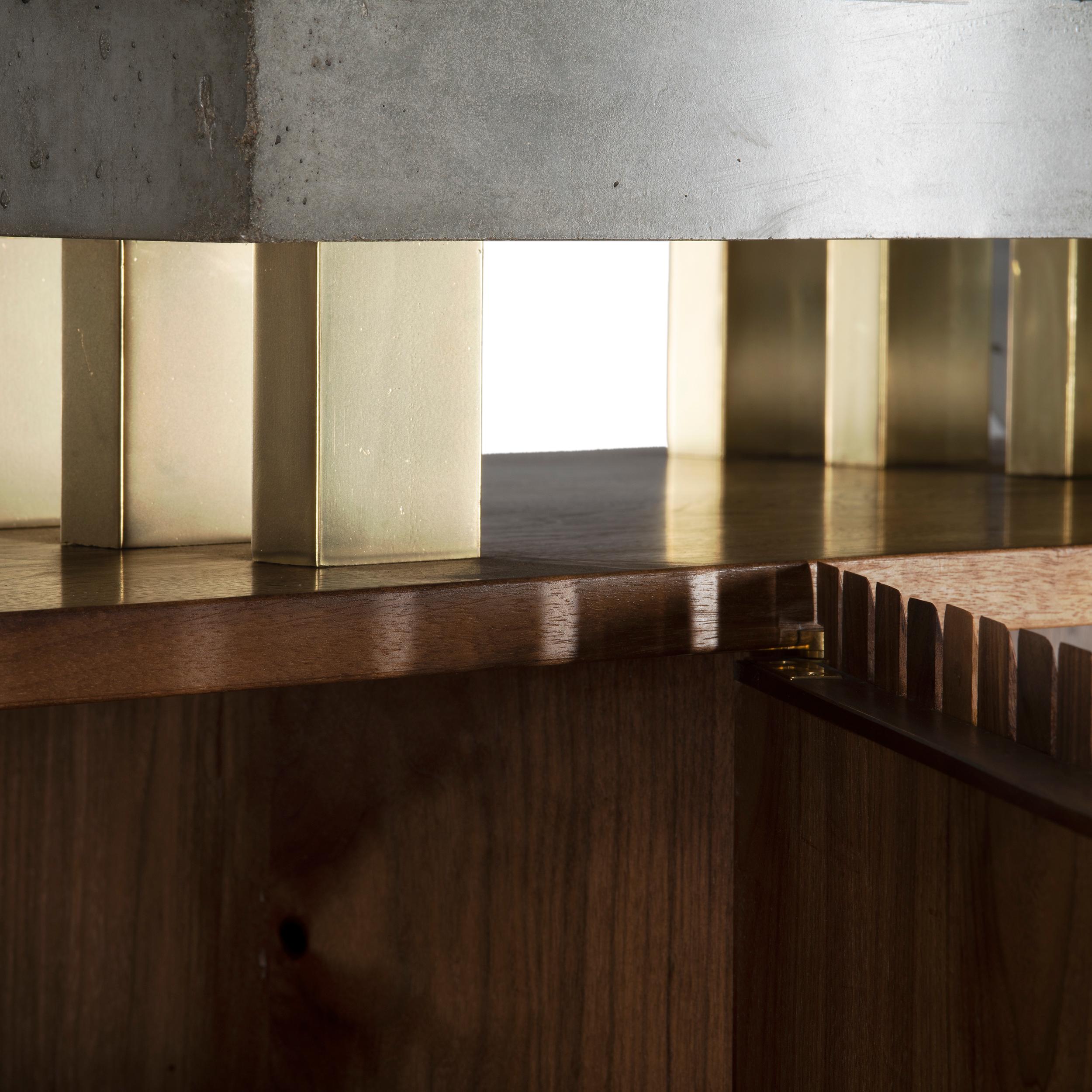 Contemporary Brutalist Modern Walnut Concrete and Brass Audiophile Sideboard Credenza For Sale