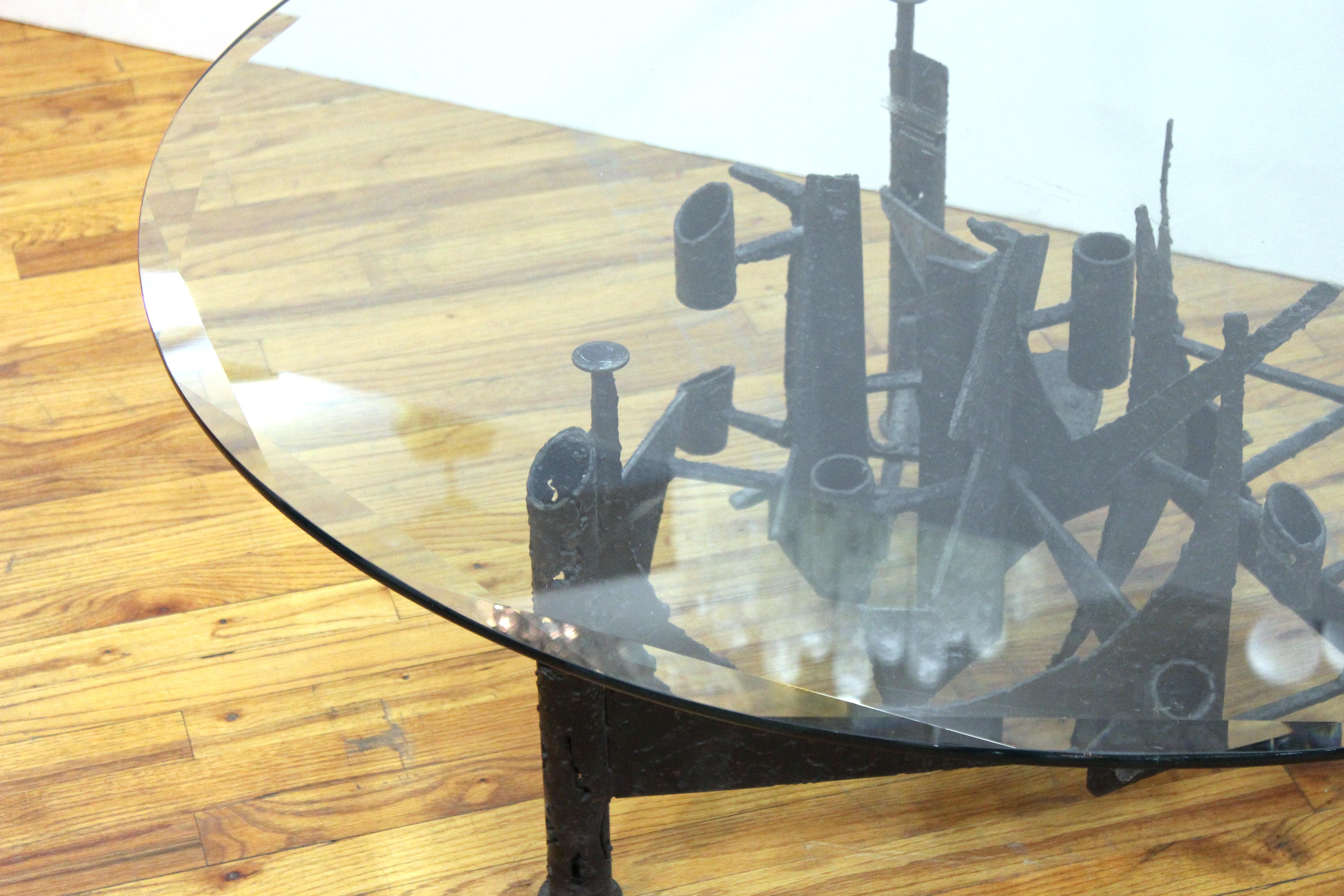Brutalist Modern Welded Metal Coffee Table with Beveled Round Glass Top 4