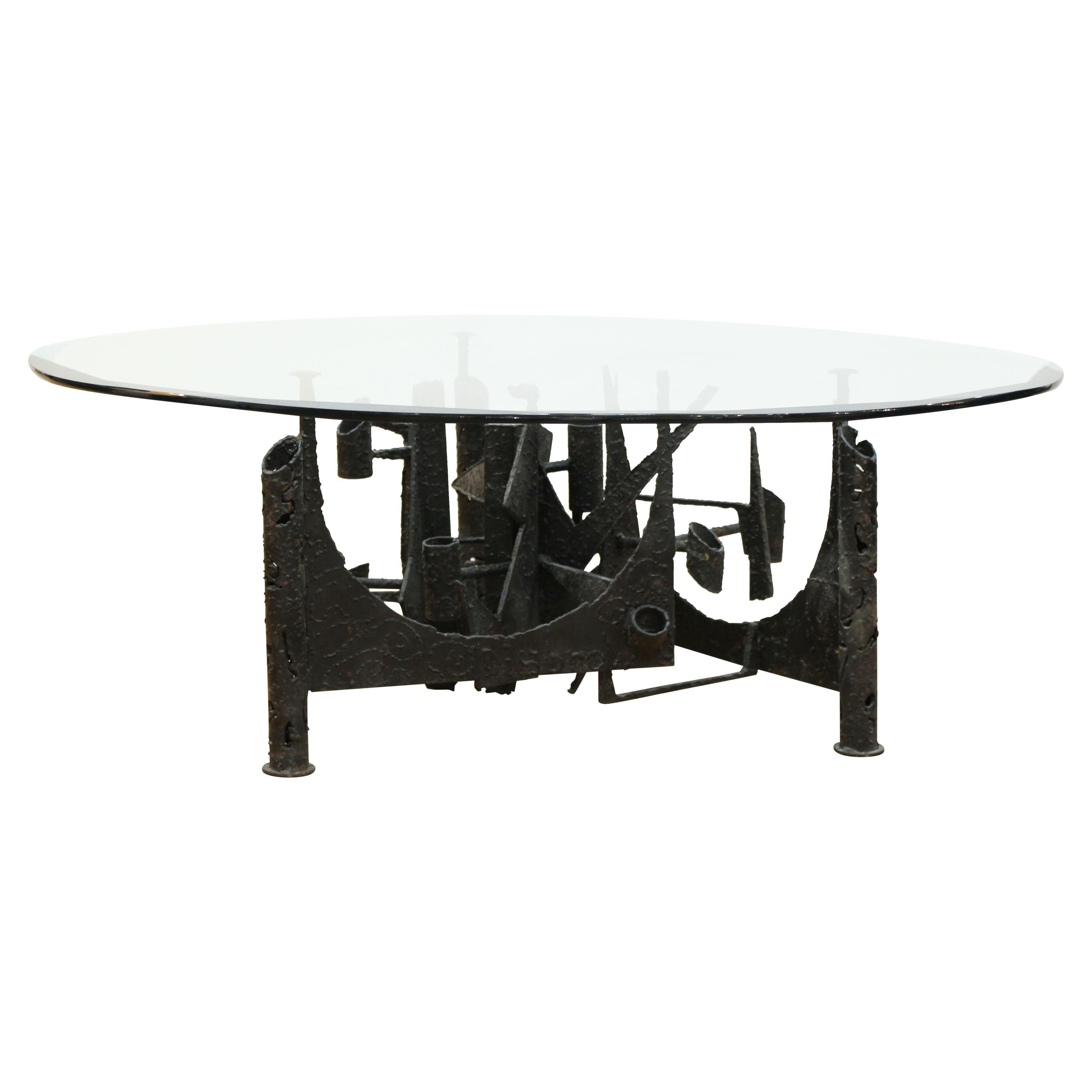 Brutalist Modern Welded Metal Coffee Table with Beveled Round Glass Top