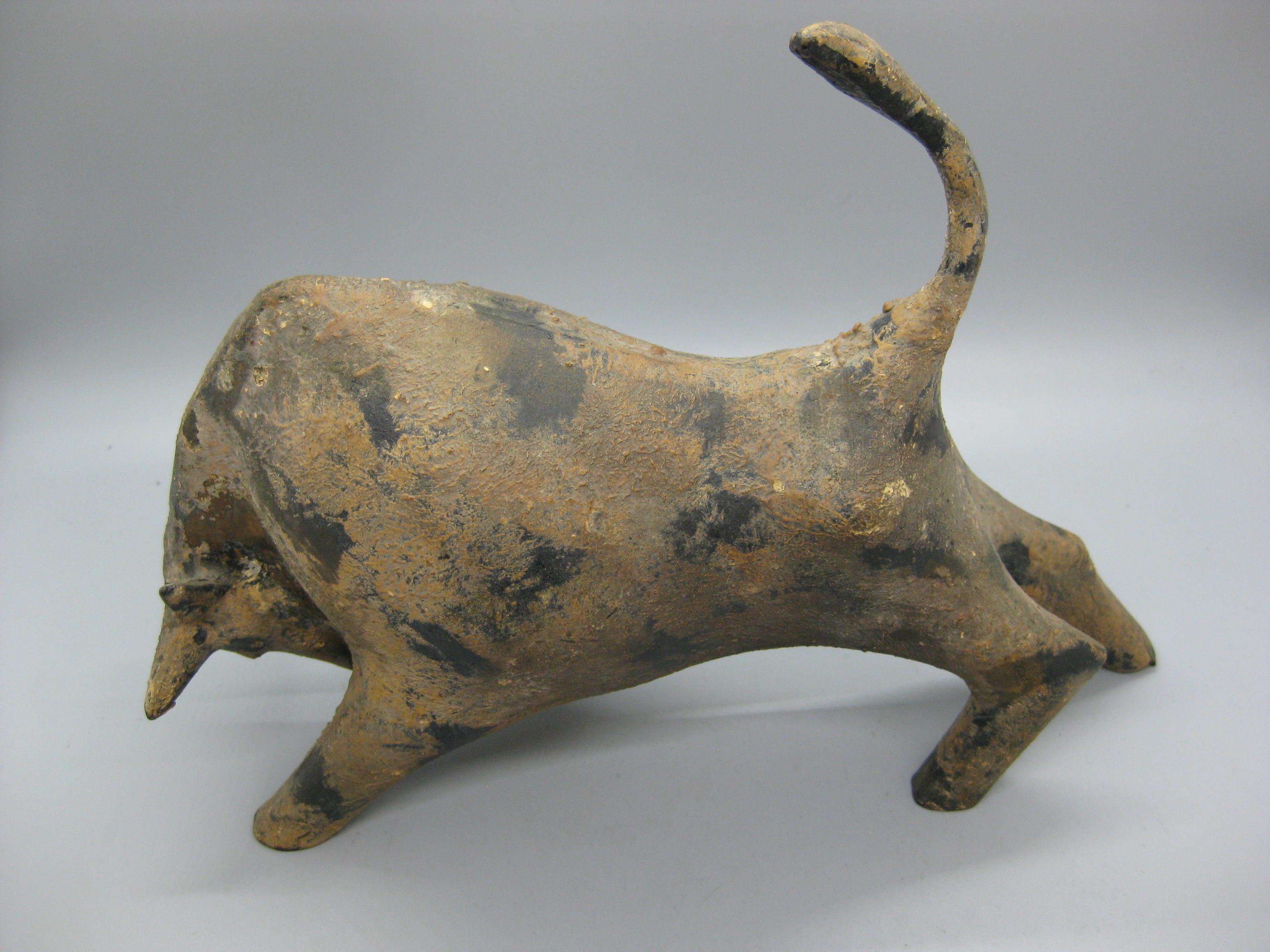 20th Century Brutalist Modernist Cast Iron Stylized Bull Sculpture with Patina Finish For Sale