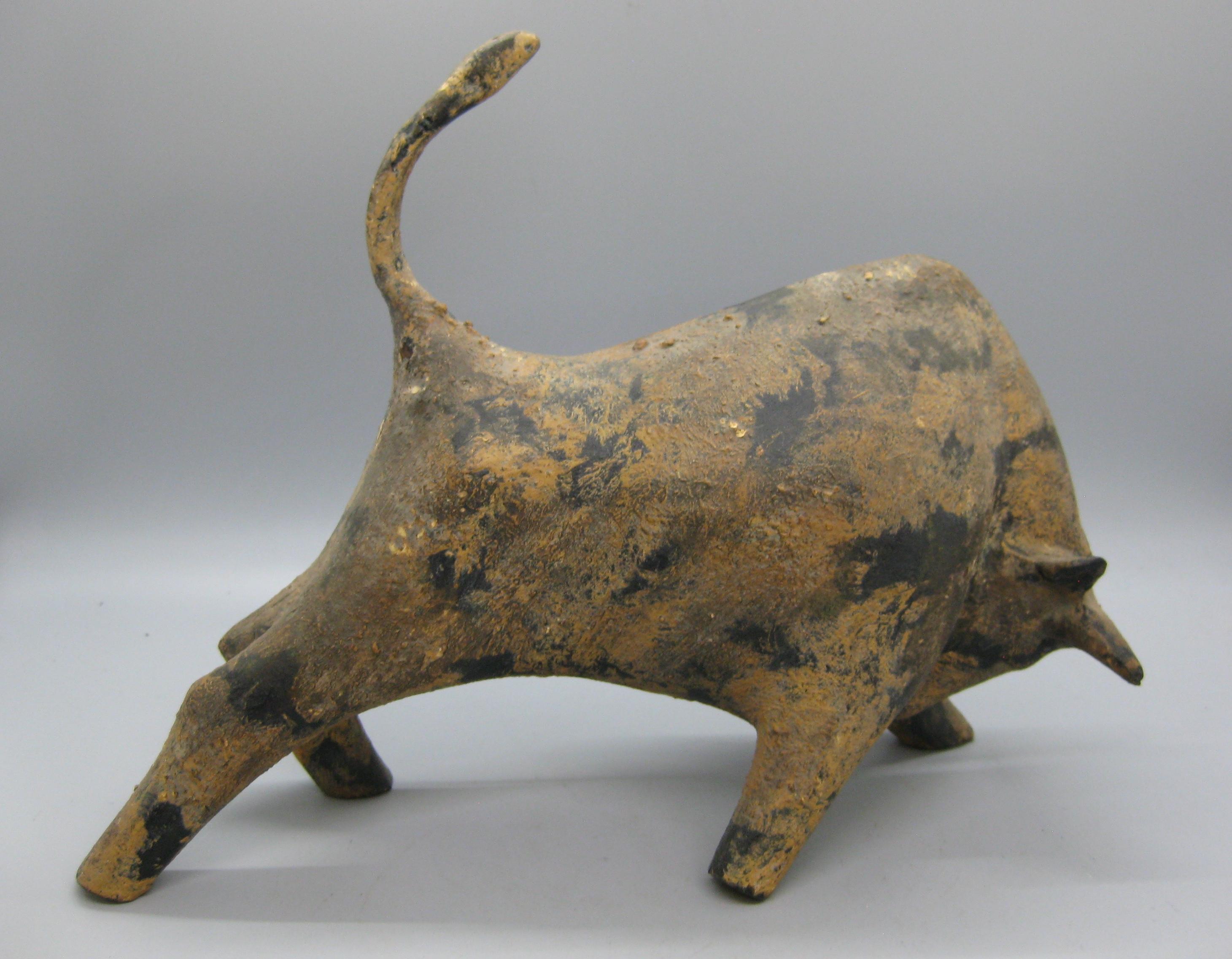 Metal Brutalist Modernist Cast Iron Stylized Bull Sculpture with Patina Finish For Sale