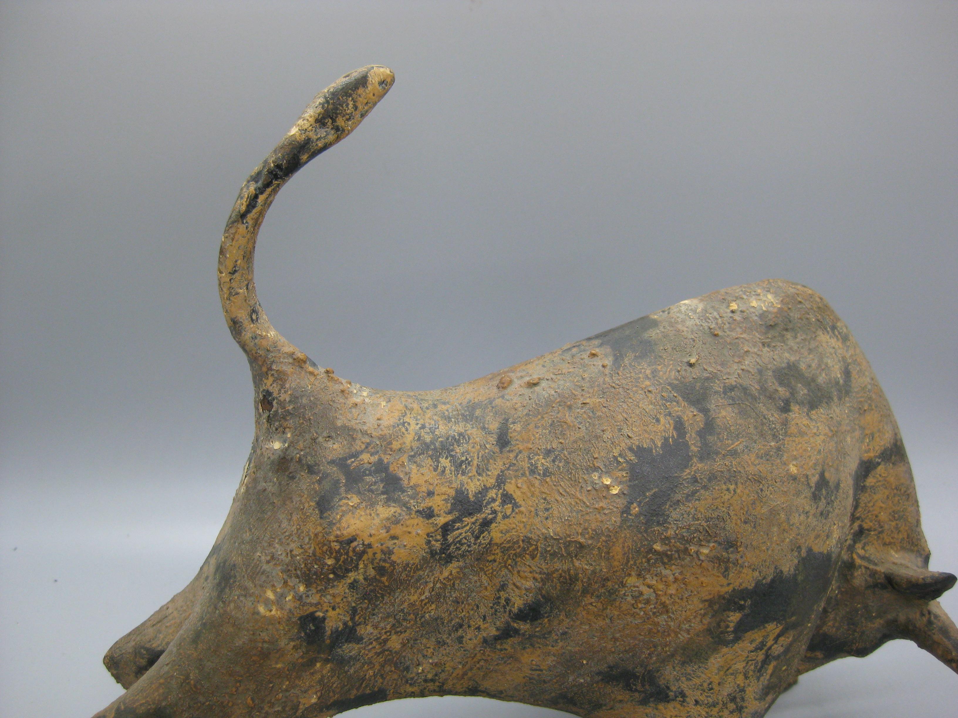 Brutalist Modernist Cast Iron Stylized Bull Sculpture with Patina Finish For Sale 1