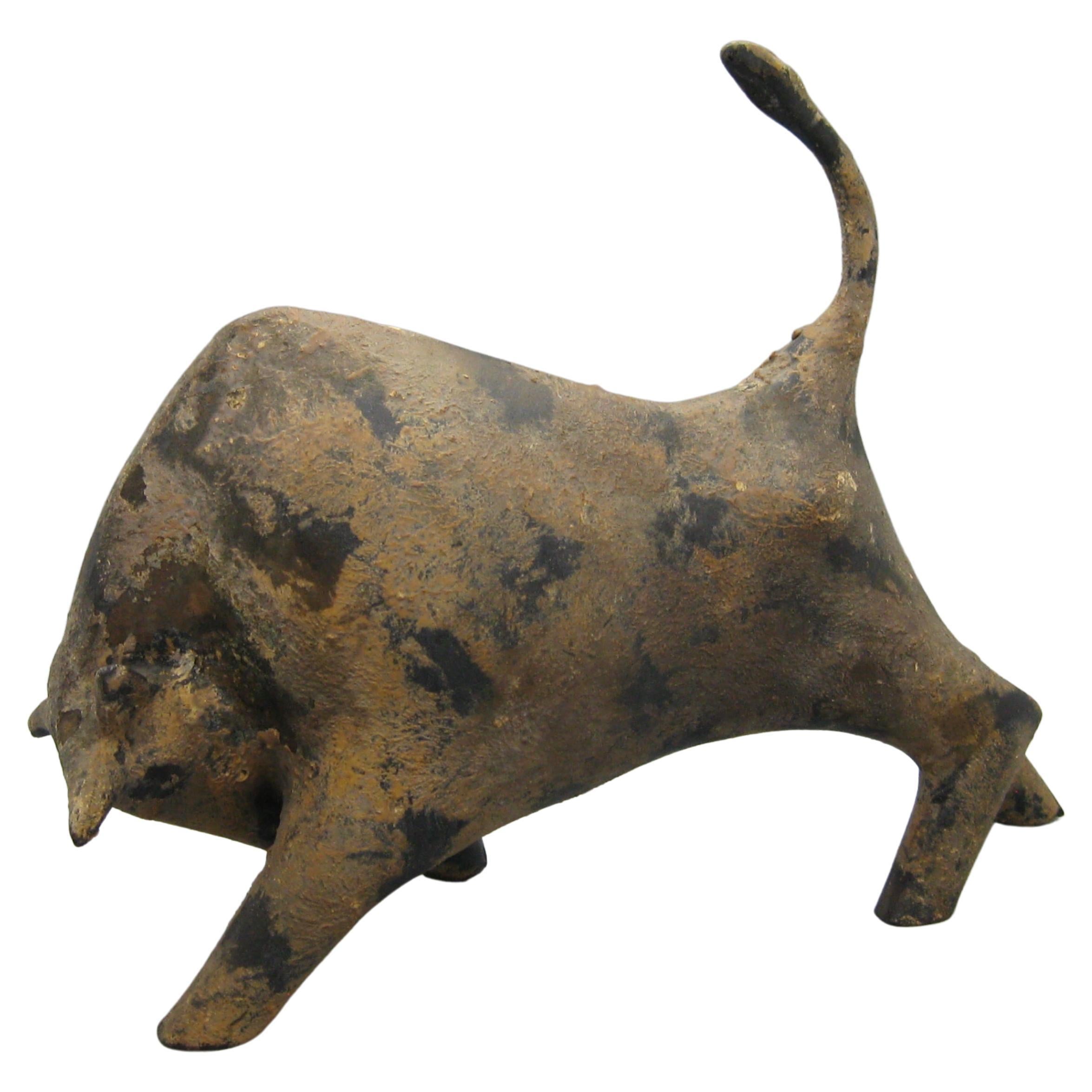 Brutalist Modernist Cast Iron Stylized Bull Sculpture with Patina Finish