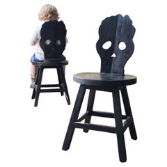 Brutalist Modernist Ebonised Hardwood Skull Silhouette Side Hall Chairs