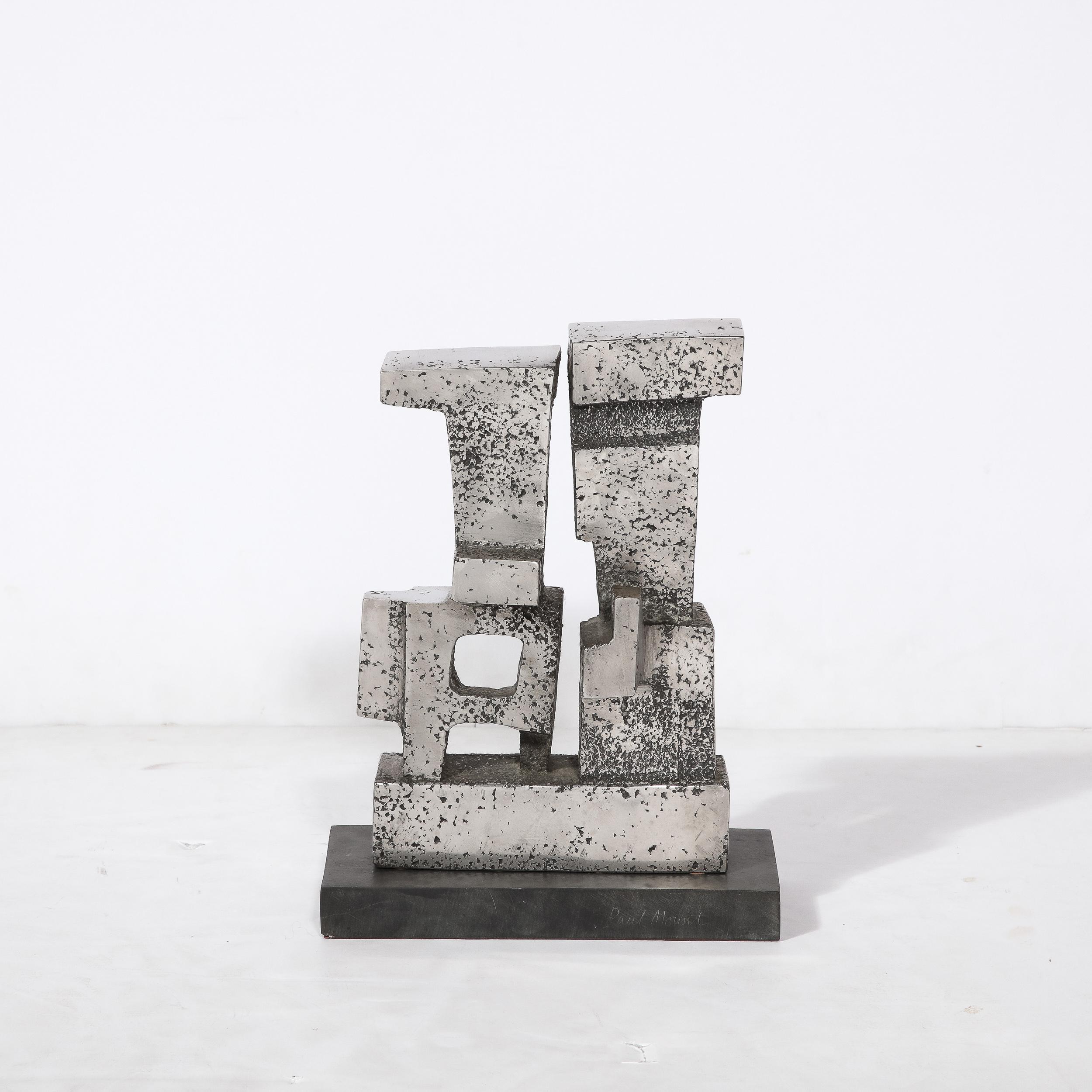 Late 20th Century Brutalist Modernist Geometric Sculpture in Caste Stainless Signed Paul Mount  For Sale
