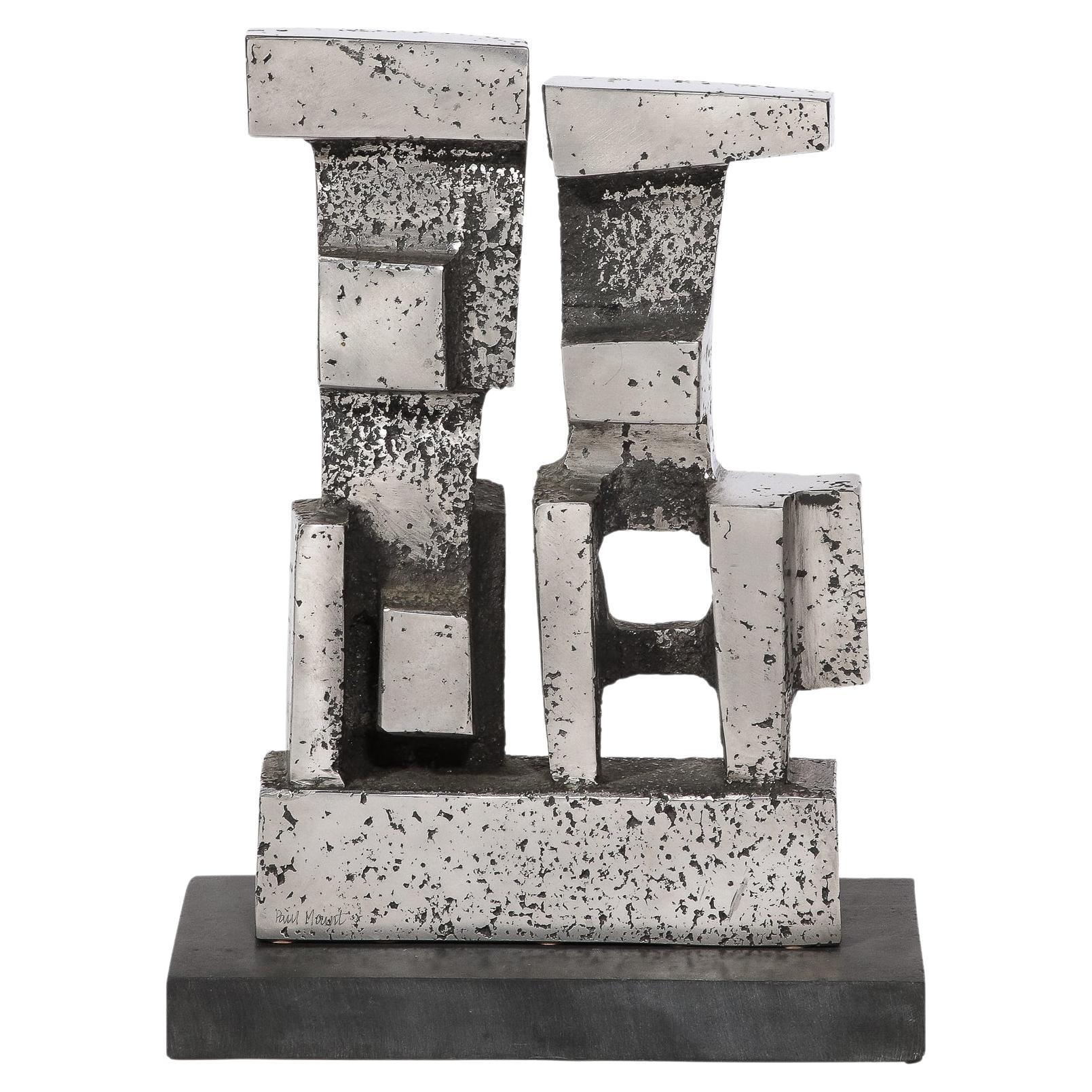 Sculpture géométrique brutaliste et moderniste en acier inoxydable moulé signée Paul Mount  en vente