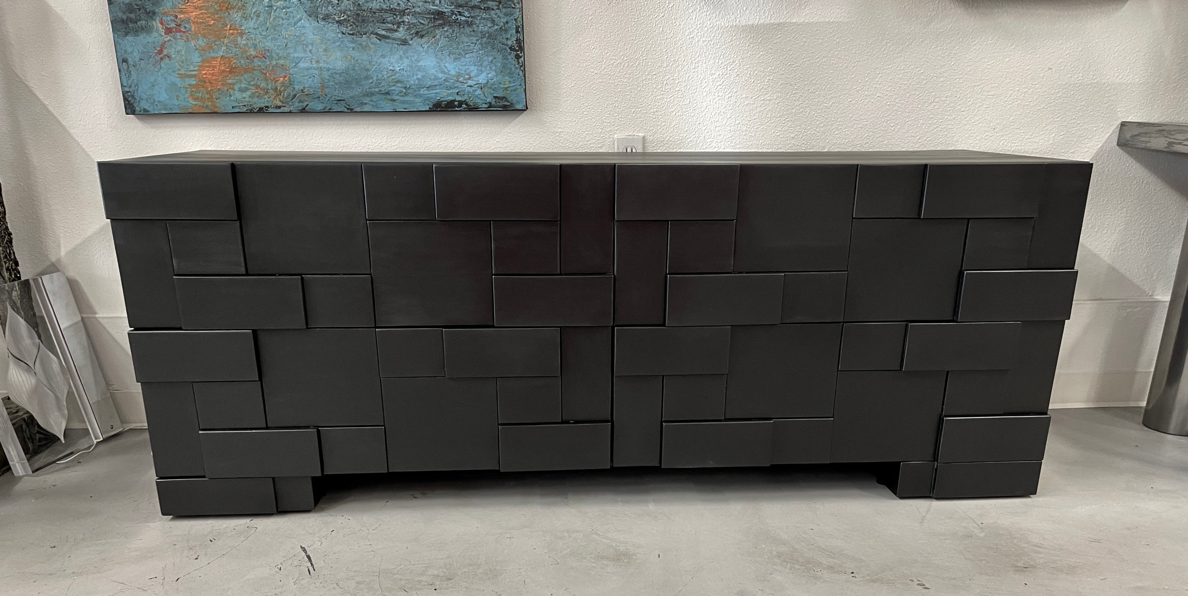 Great Brutalist Mosaic chest in painted oak. Very similar to the stattaco line of furniture by Lane, this piece is made of solid oak. Seems hand crafted. We've had it repainted in a satin black pearl. 4 drawers, 2 x 2. There are indentation on the