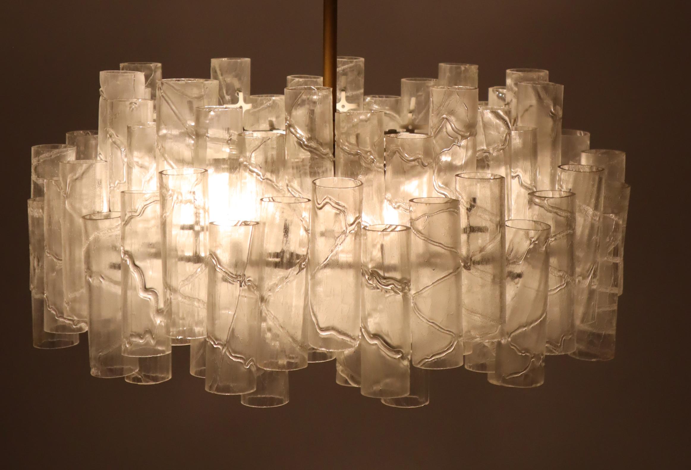 Brass Brutalist Murano glass ice tube chandelier by Doria Leuchten Germany 1960s For Sale