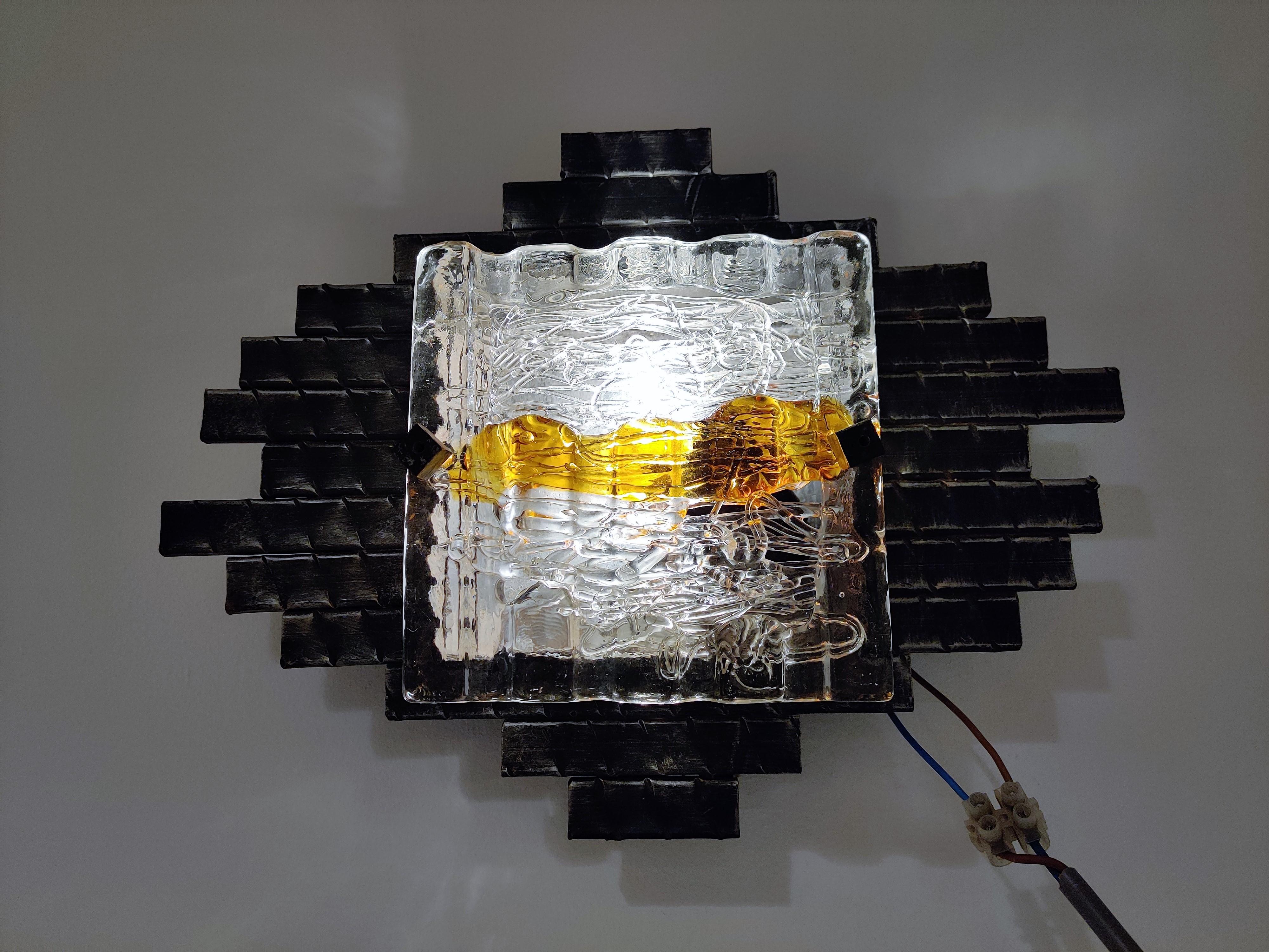 Metal Brutalist Murano Glass Wall Lamp, 1970s
