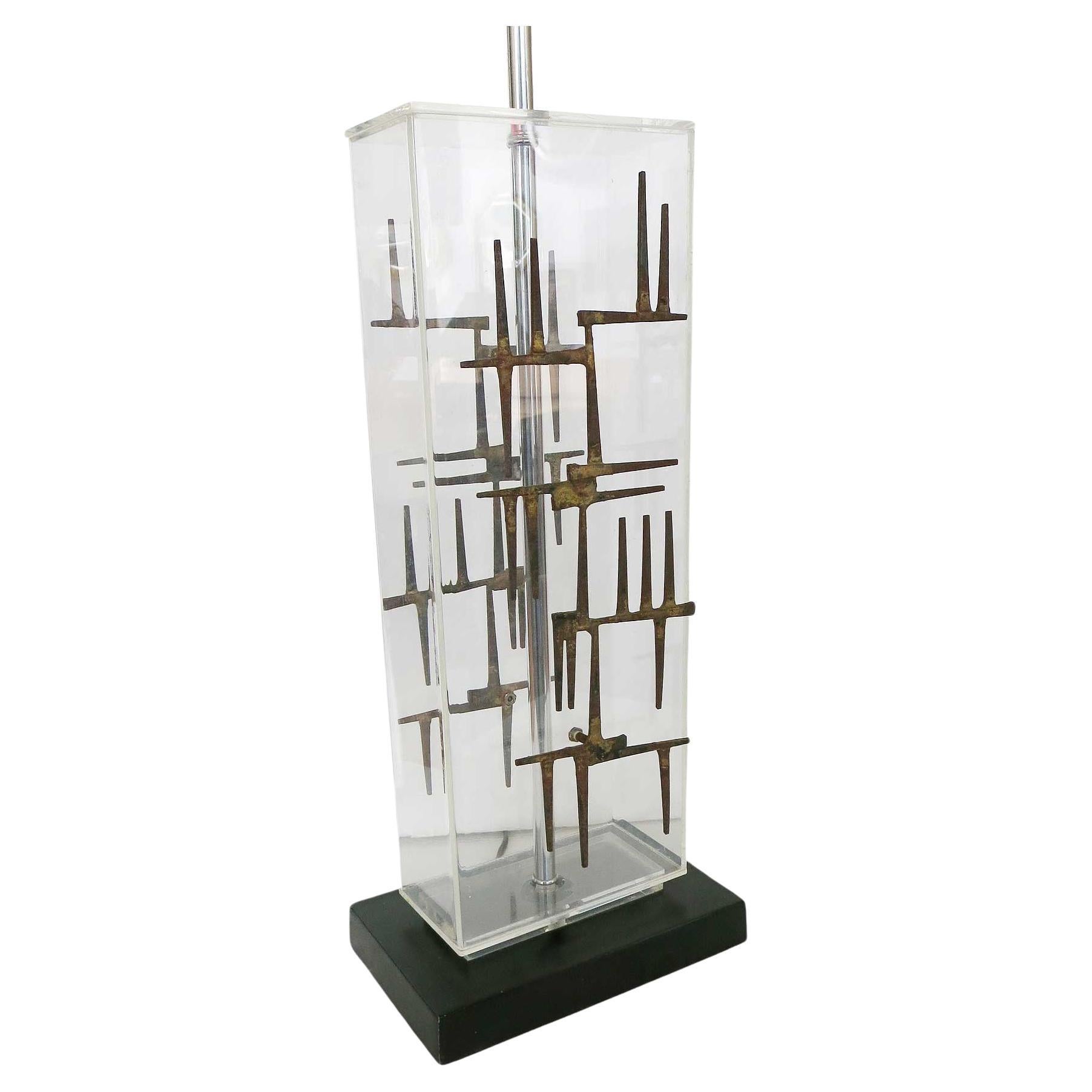 Brutalist Nail Sculptural Lucite Table Lamp by Laurel