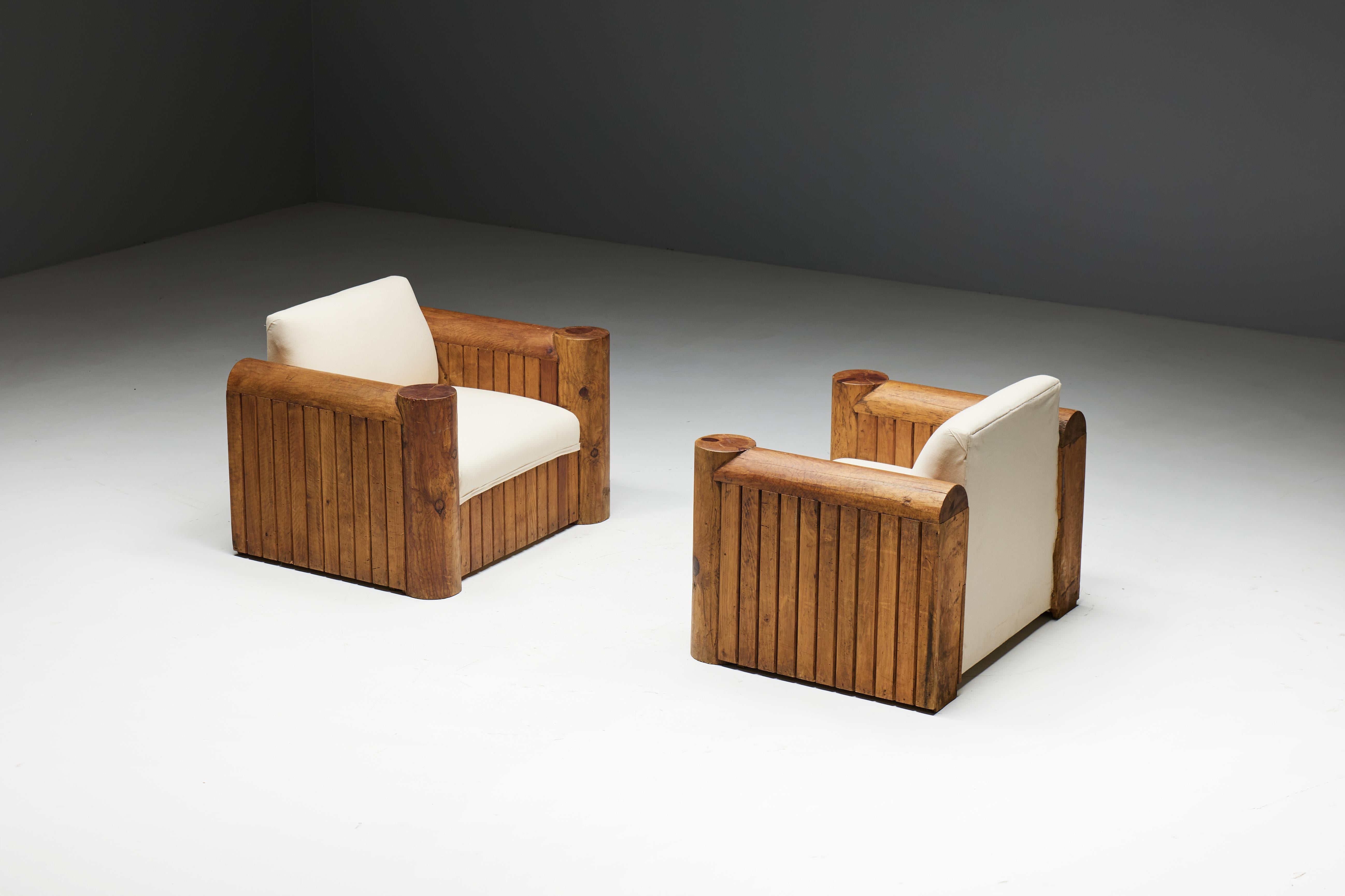Fabric Brutalist Naive Lounge Chairs, France, 1940s