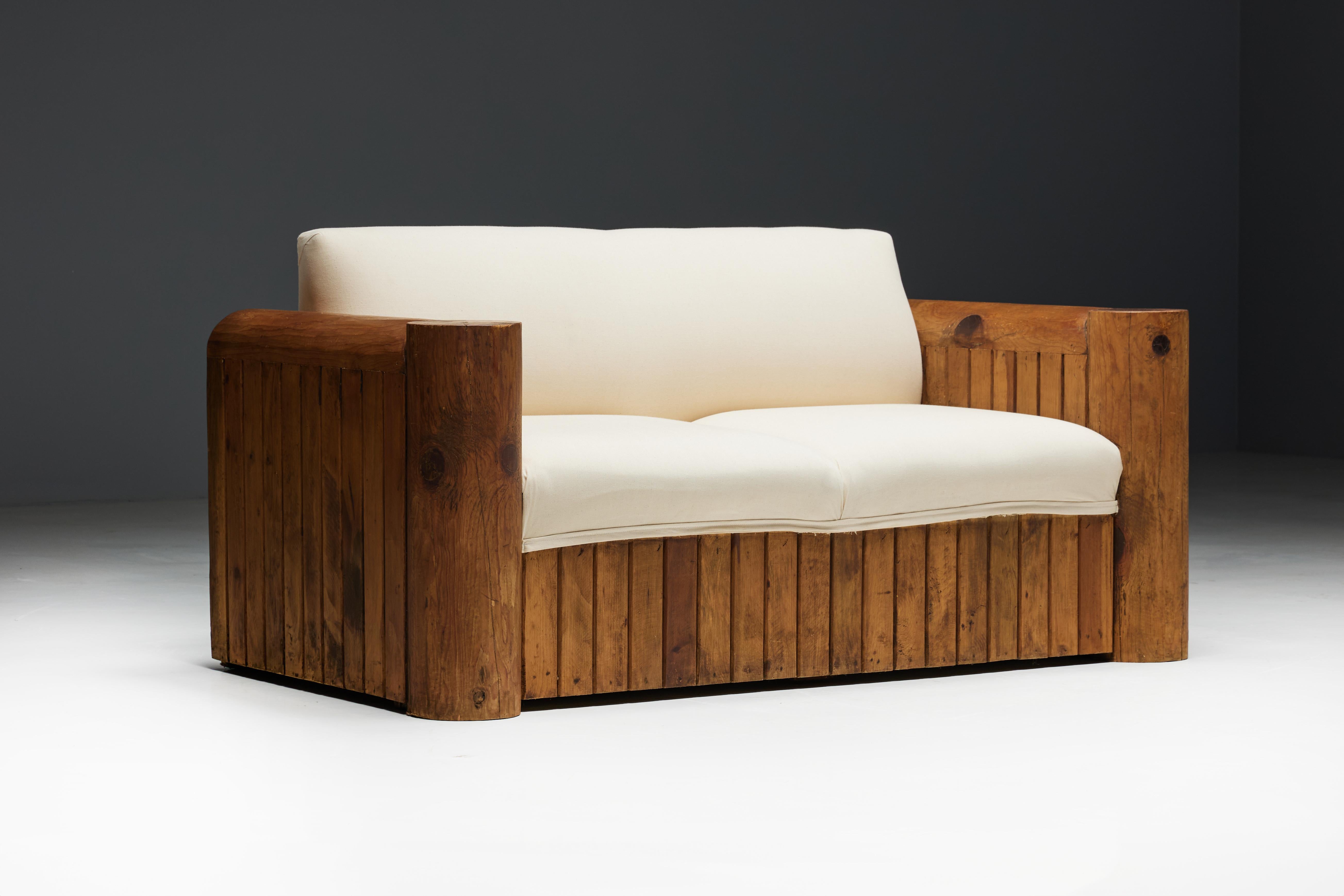 Mid-20th Century Brutalist Naive Two-Seater Sofa, France, 1940s For Sale