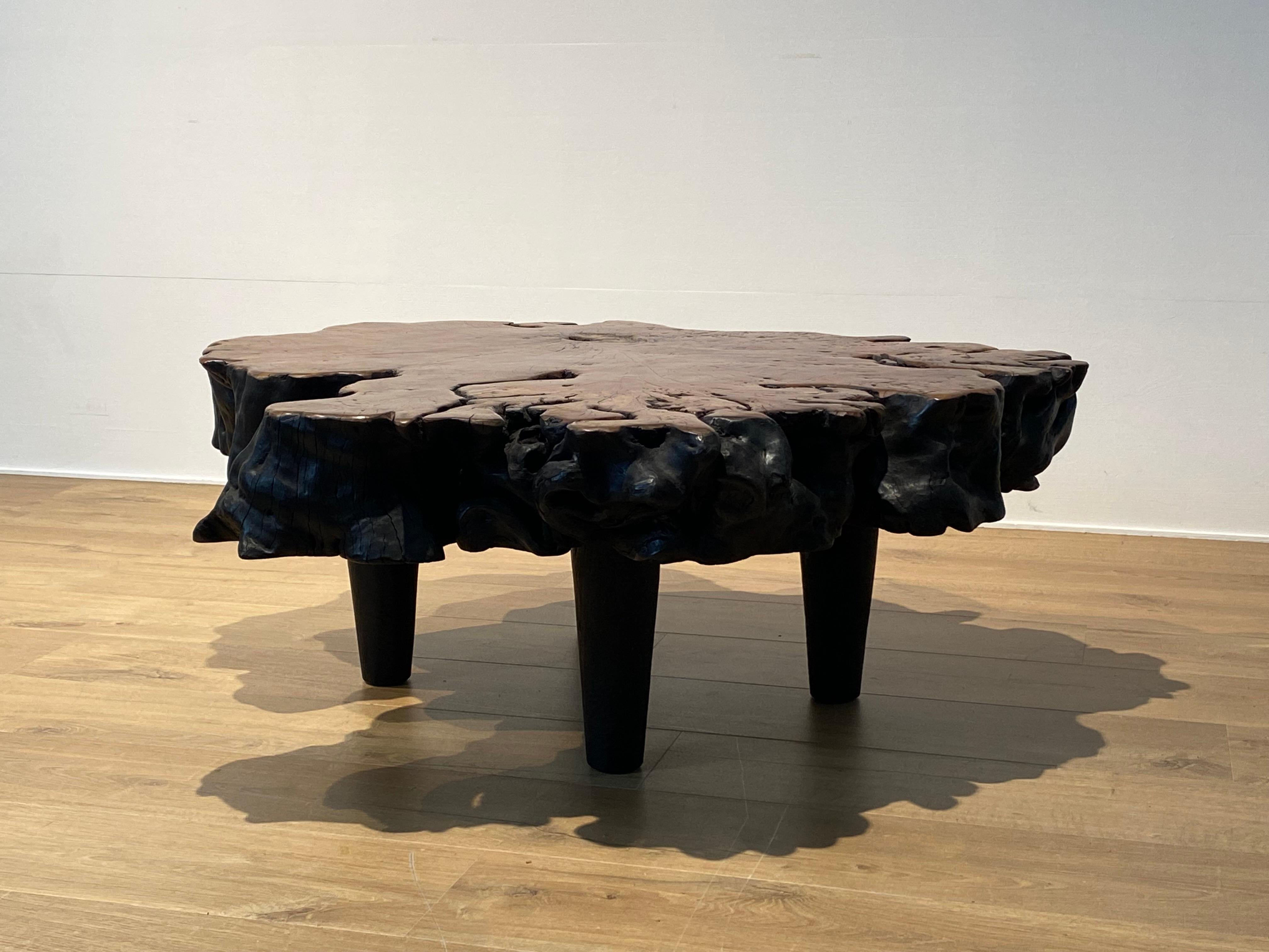 Patinated Brutalist Natural Wooden Sofa Table For Sale