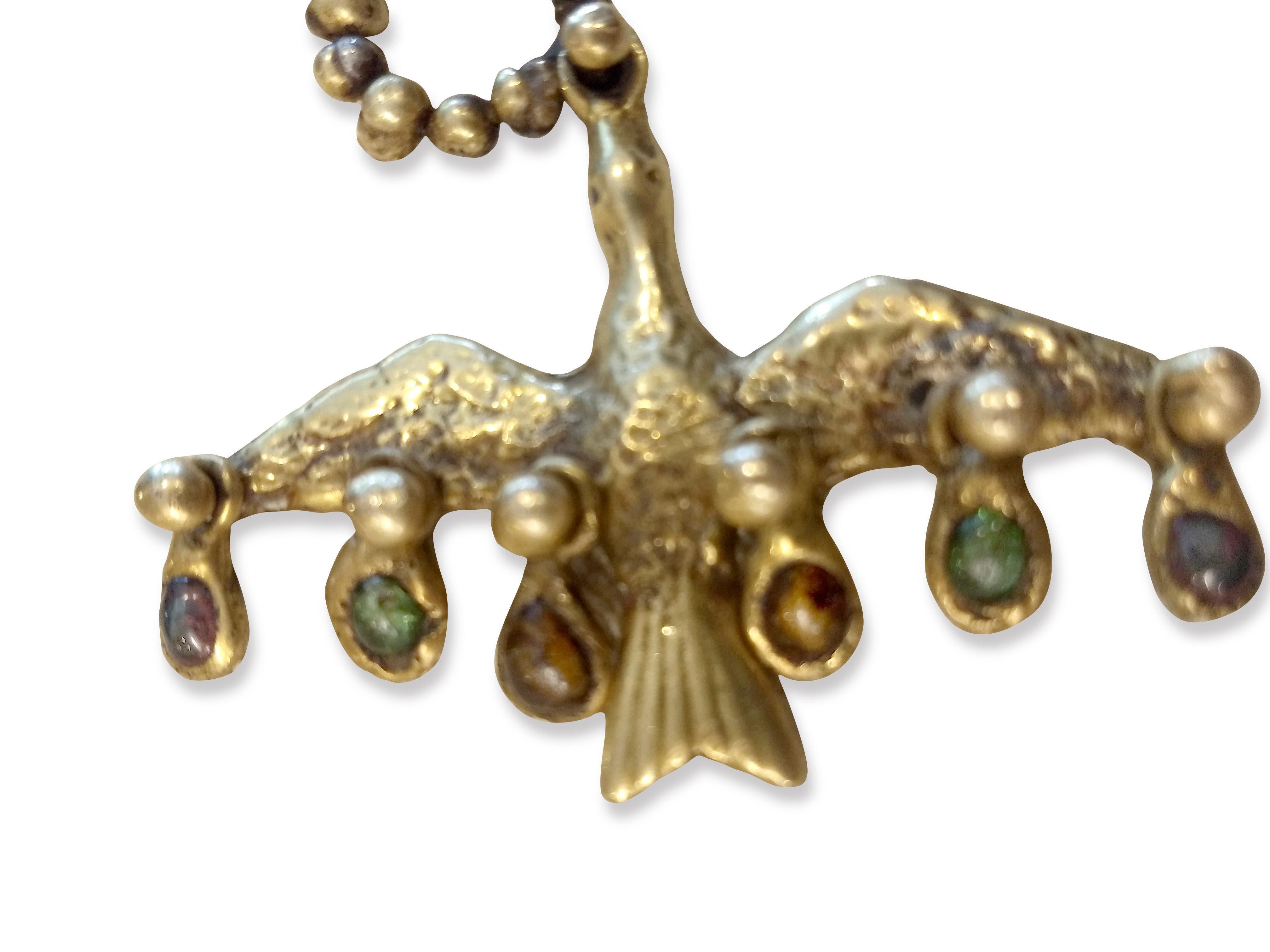 Mexican Brutalist Necklace with Bird and Small Glass Stones by Pal Kepenyes