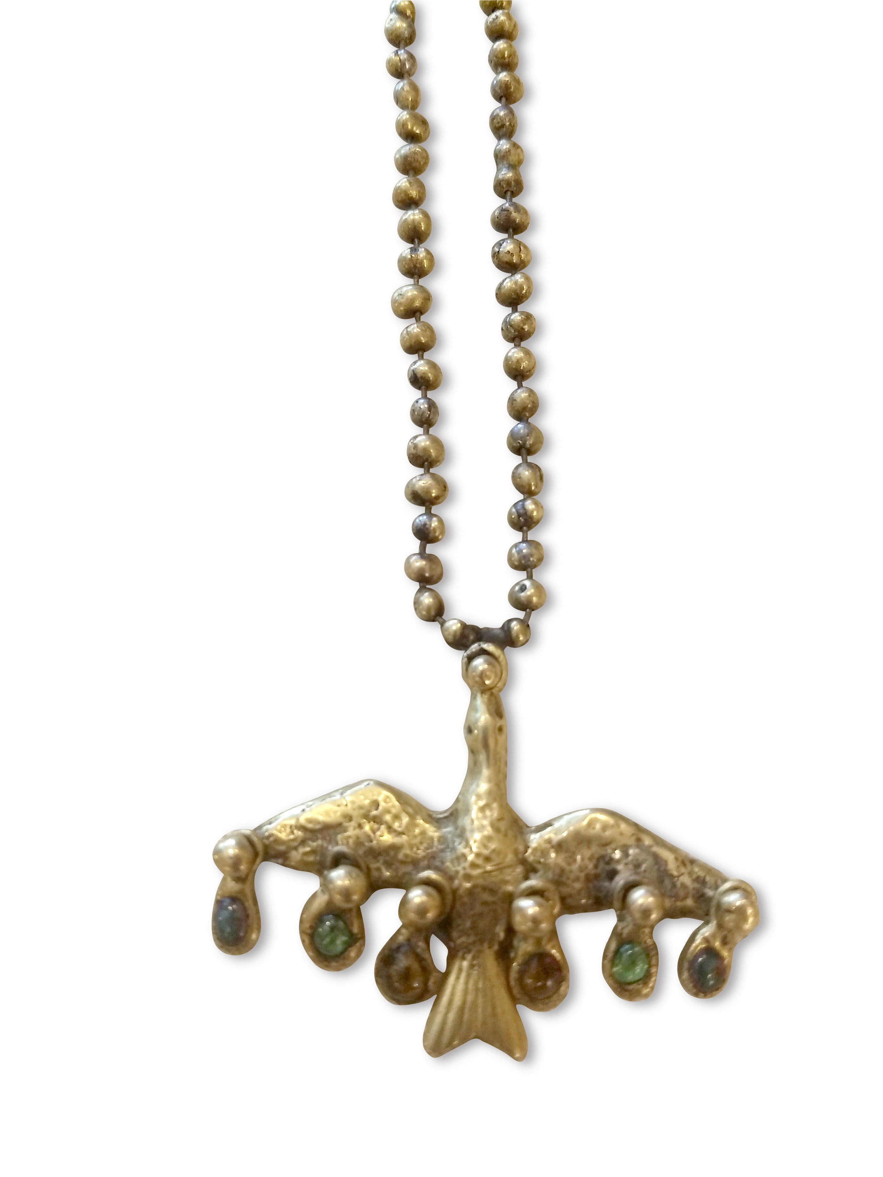 Cast Brutalist Necklace with Bird and Small Glass Stones by Pal Kepenyes