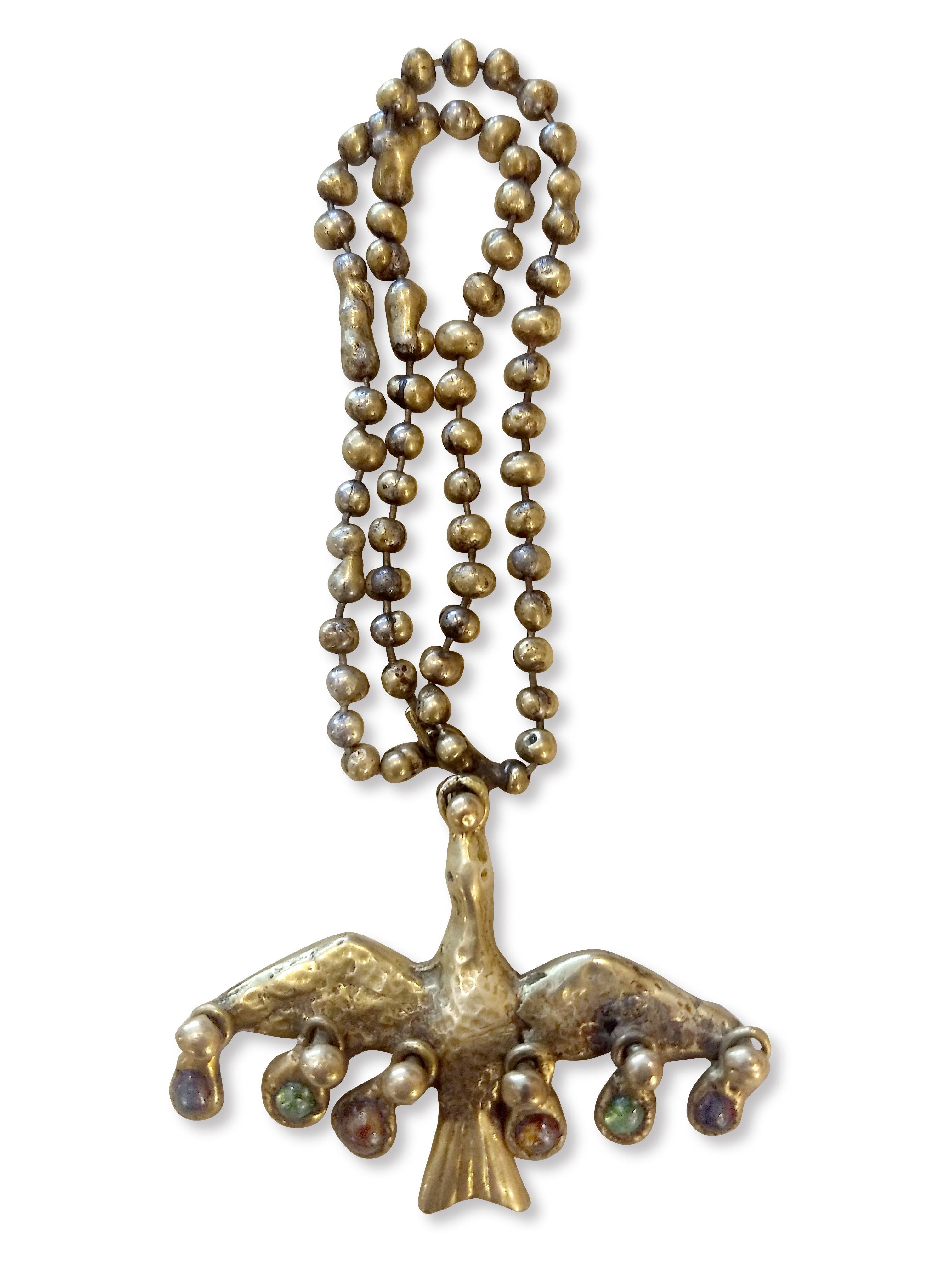 Brutalist Necklace with Bird and Small Glass Stones by Pal Kepenyes In Good Condition In Mexico, DF