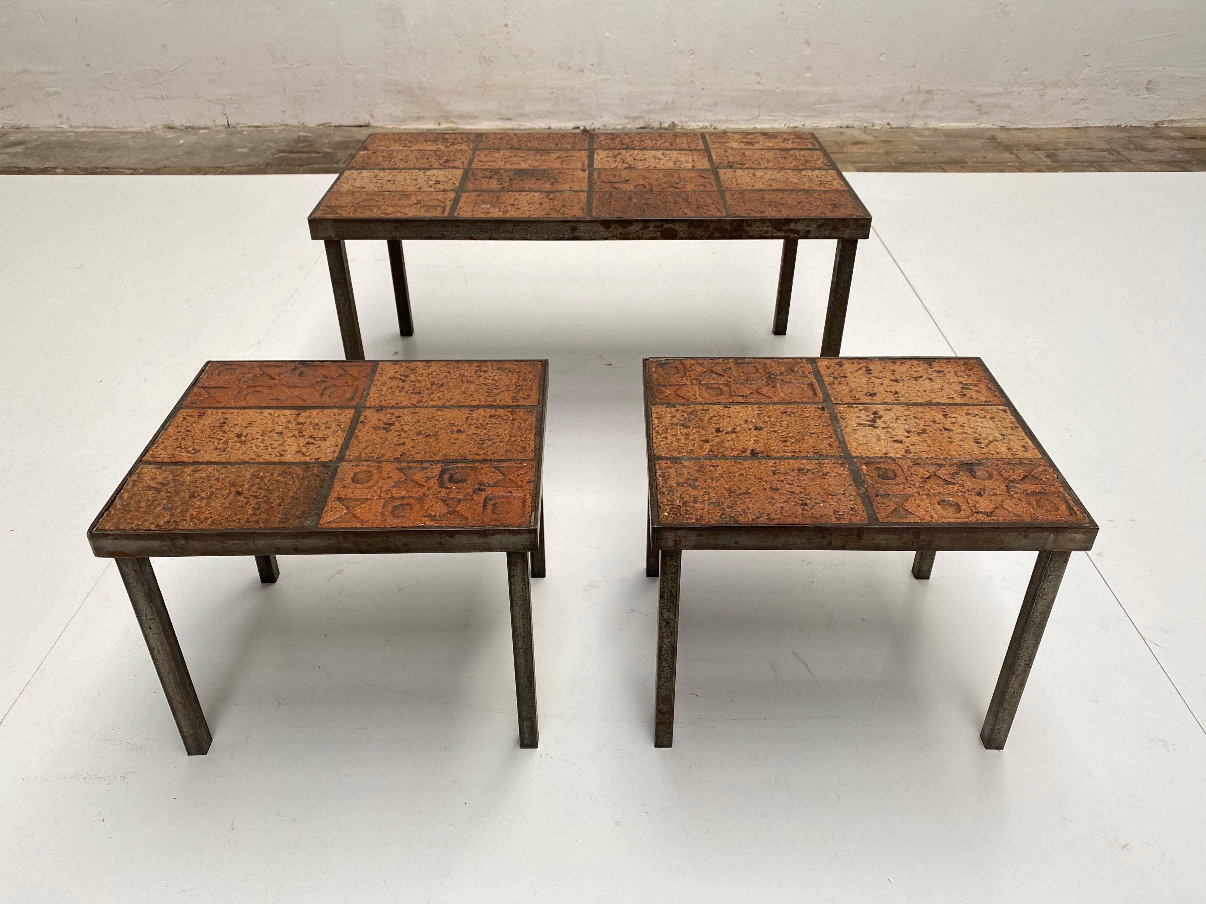 Brutalist Nesting Tables Belgium 1970s Solid Steel and Ceramic Art Work Tiles For Sale 5