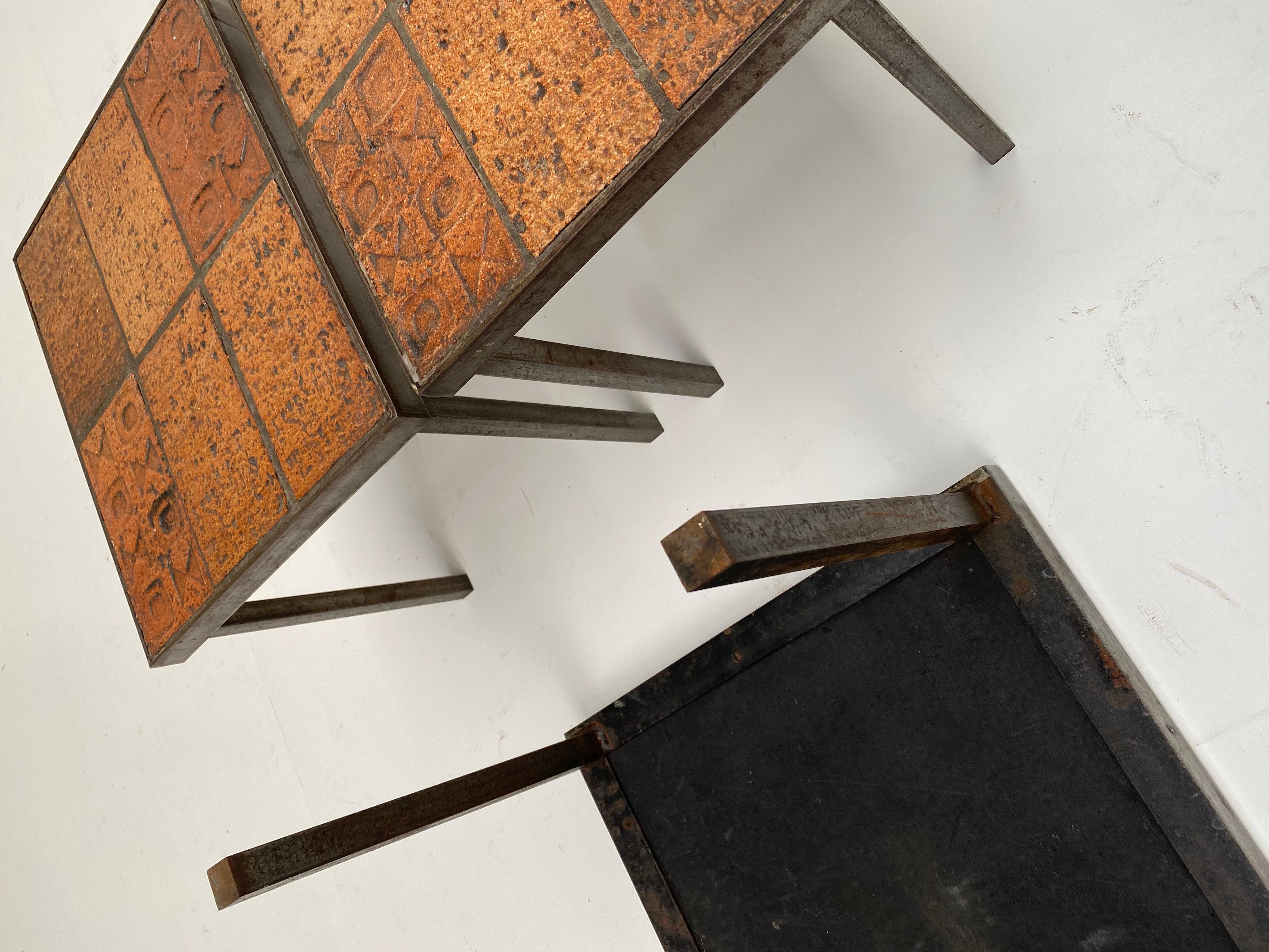 Brutalist Nesting Tables Belgium 1970s Solid Steel and Ceramic Art Work Tiles For Sale 9