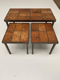 Brutalist Nesting Tables Belgium 1970s Solid Steel and Ceramic Art Work Tiles