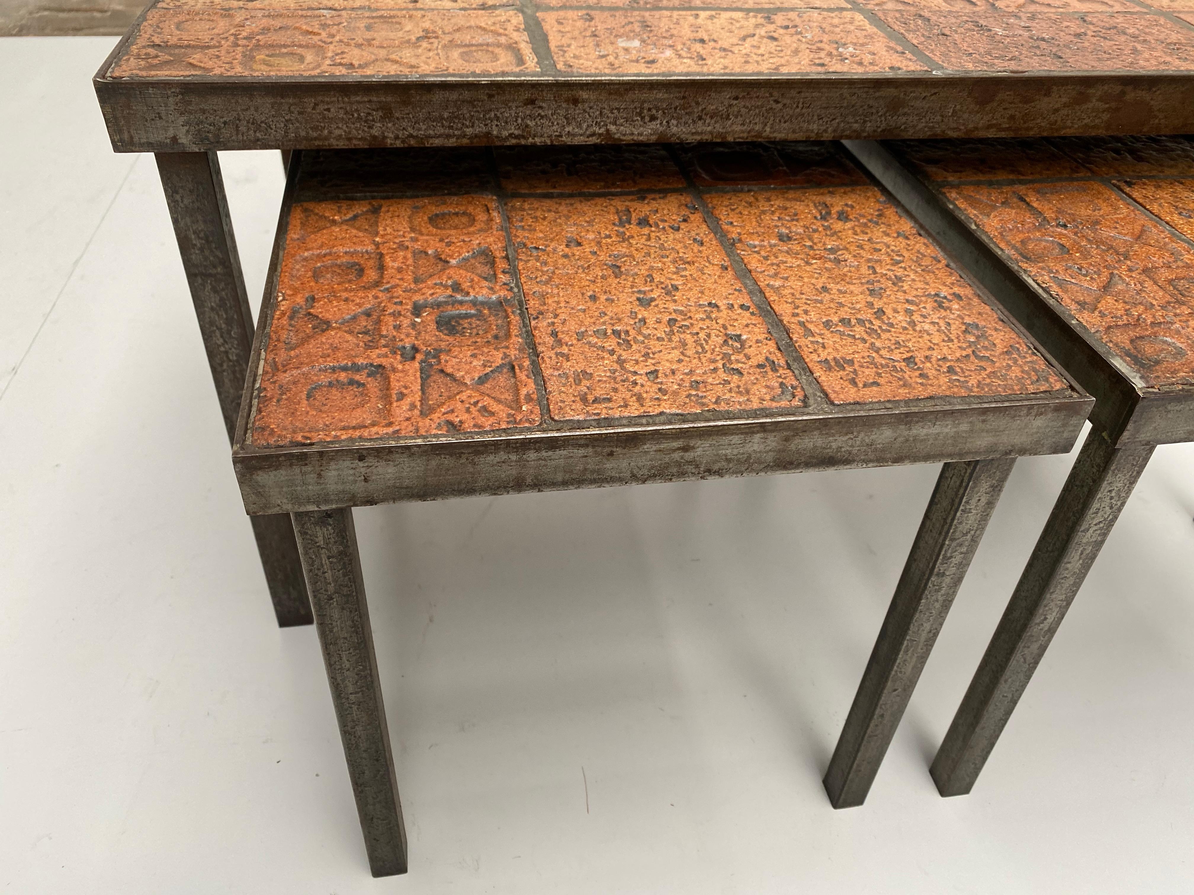 Brutalist Nesting Tables Belgium 1970s Solid Steel and Ceramic Art Work Tiles In Good Condition For Sale In bergen op zoom, NL