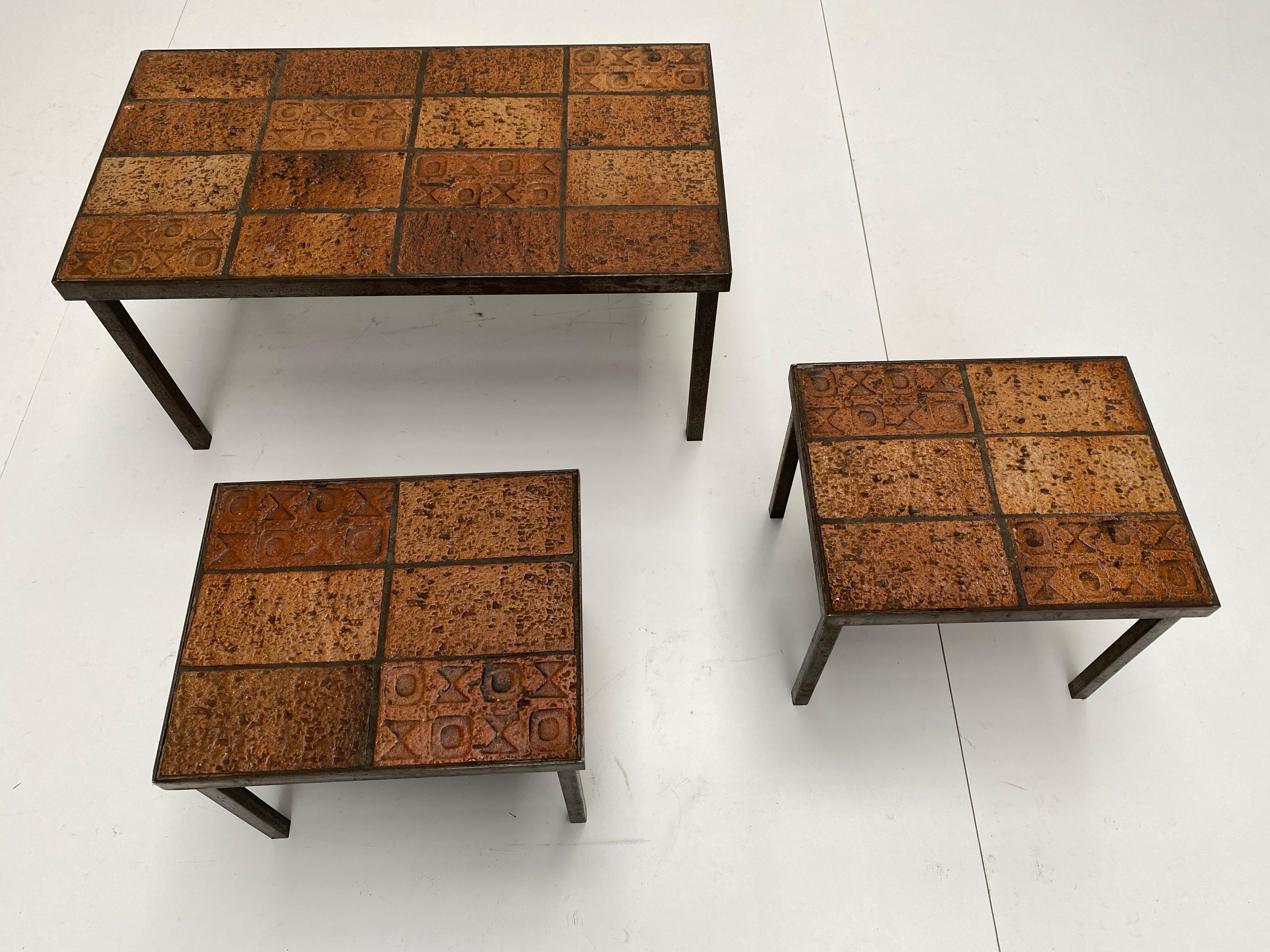 Brutalist Nesting Tables Belgium 1970s Solid Steel and Ceramic Art Work Tiles For Sale 1