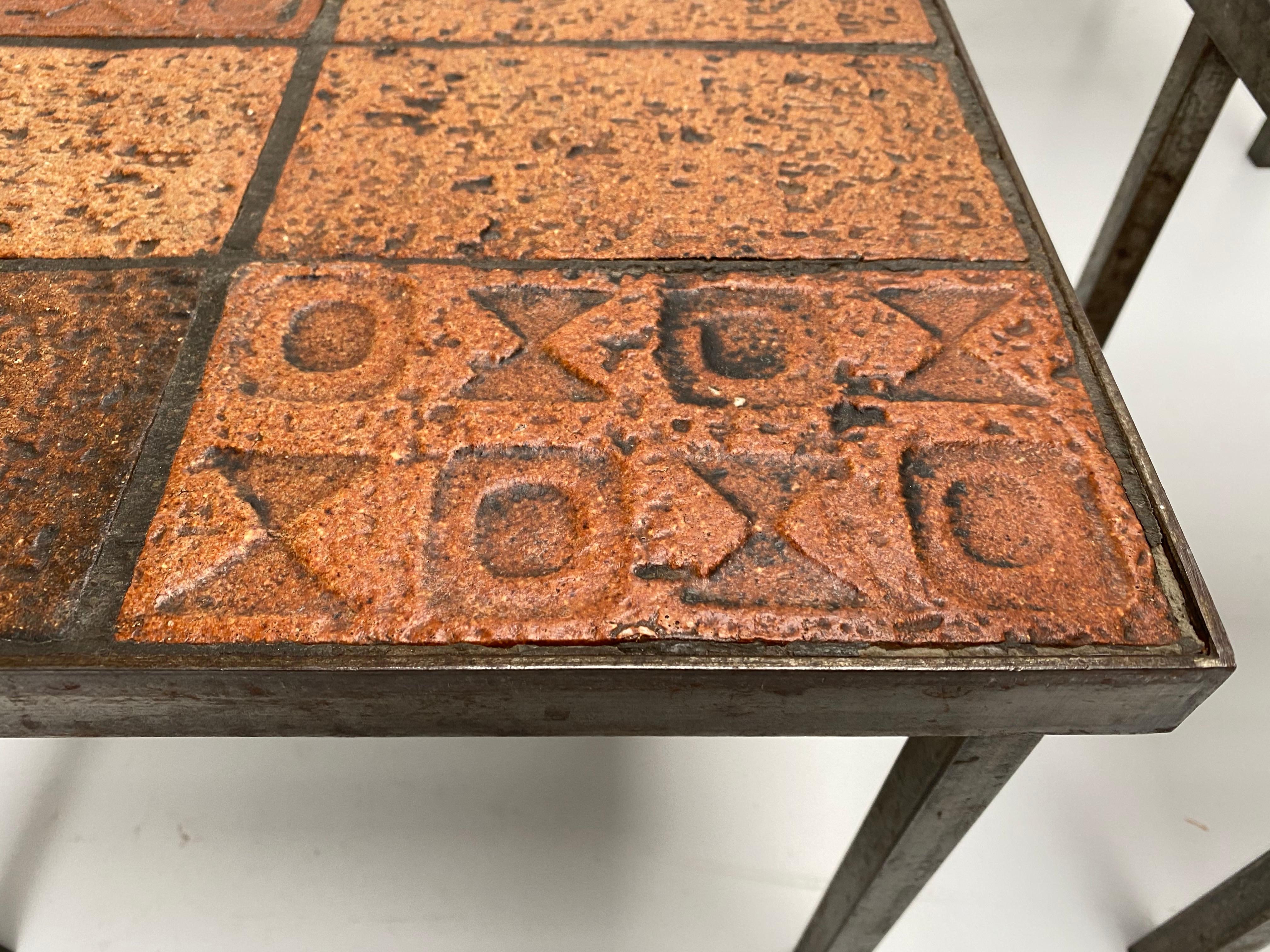 Brutalist Nesting Tables Belgium 1970s Solid Steel and Ceramic Art Work Tiles For Sale 2