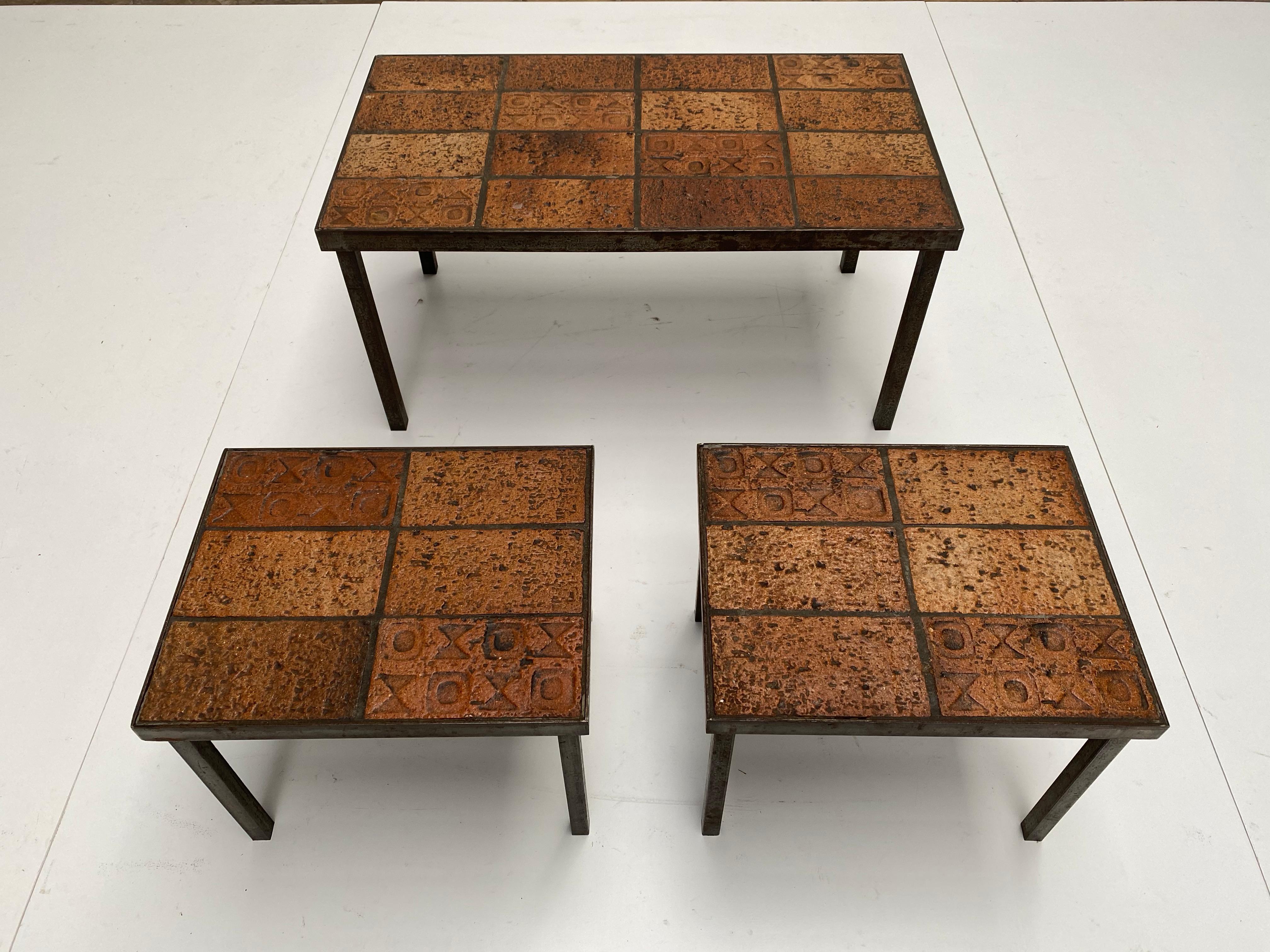 Brutalist Nesting Tables Belgium 1970s Solid Steel and Ceramic Art Work Tiles For Sale 3