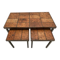 Brutalist Nesting Tables Belgium 1970s Solid Steel and Ceramic Art Work Tiles