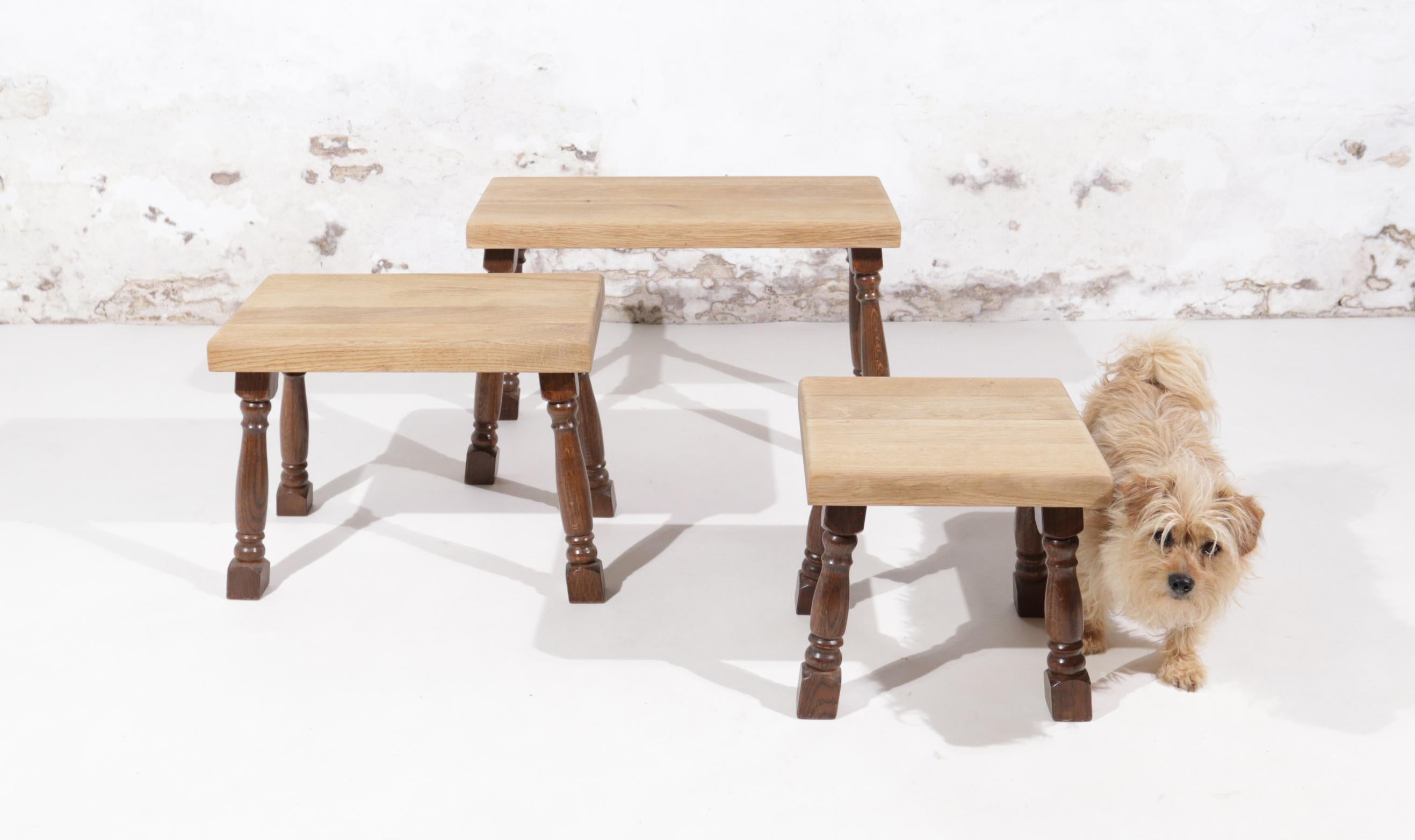 Brutalist Nesting Tables Bi-Color Oak Midcentury In Good Condition In Boven Leeuwen, NL