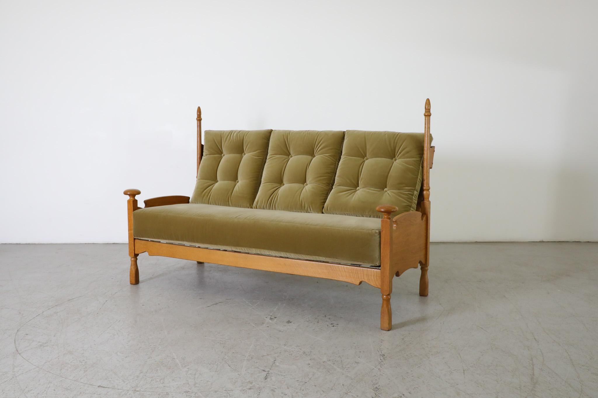Mid-Century Modern Brutalist Nordic Oak and Leaf Velvet Throne-Like Sofa with Ornate Finials For Sale