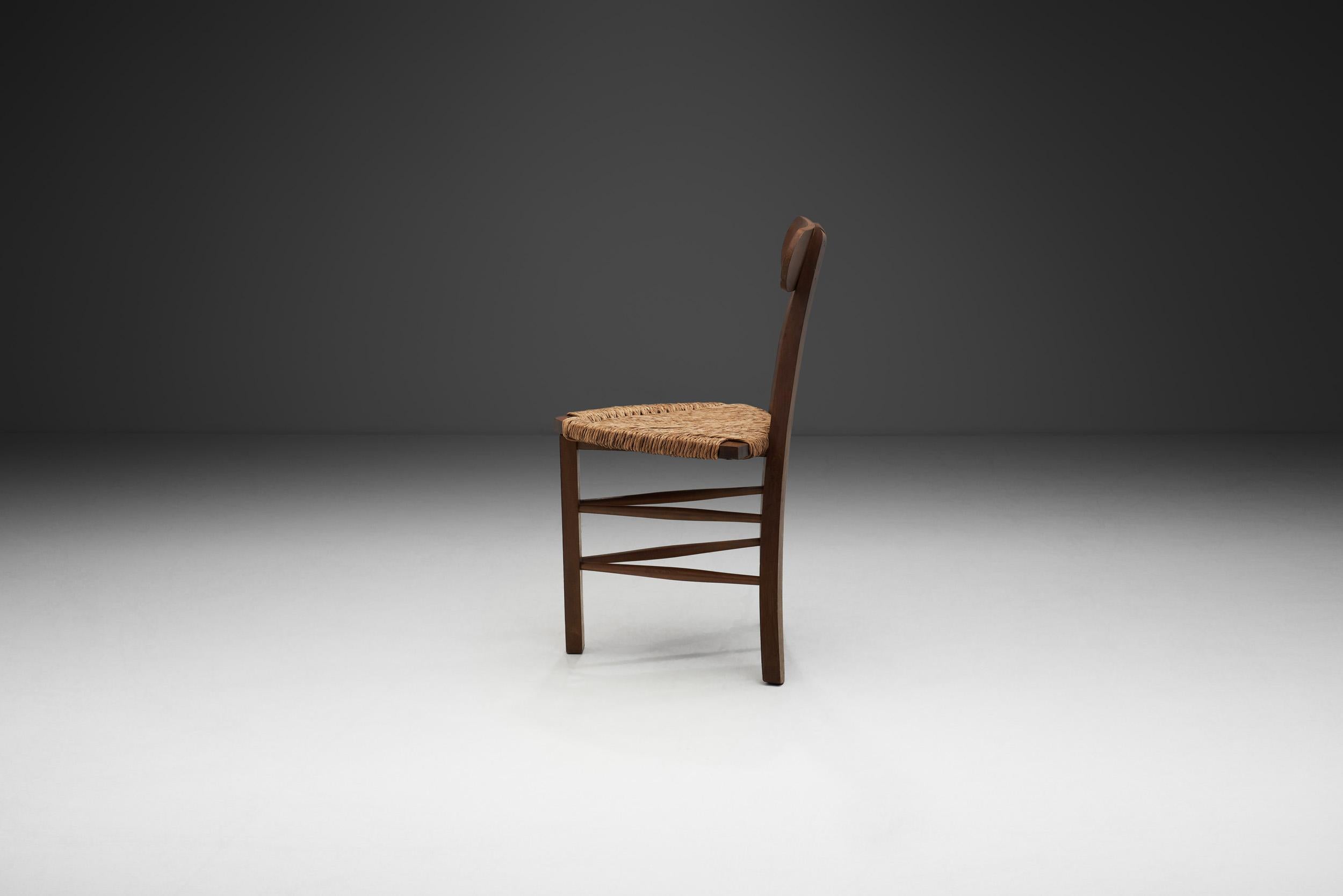 Européen Chaise tripode brutaliste en chêne et rotin, Europe 20ème siècle