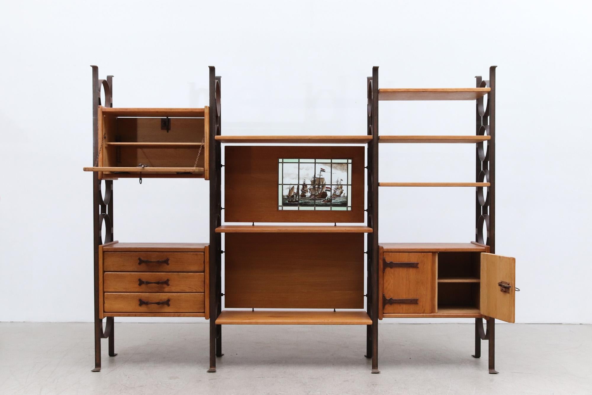 Mid-Century Modern Brutalist Oak and Iron Room Divider Storage Unit For Sale