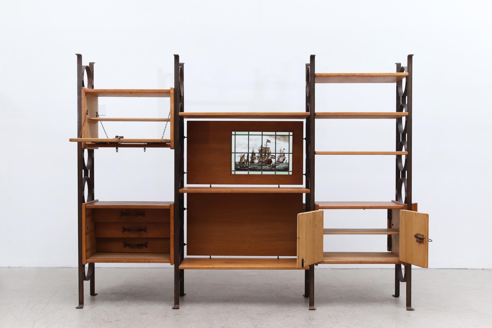 Brutalist Oak and Iron Room Divider Storage Unit In Good Condition For Sale In Los Angeles, CA