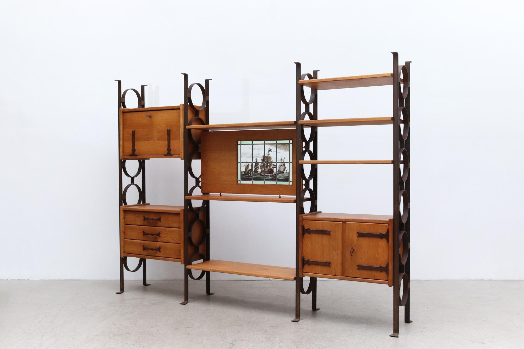Late 20th Century Brutalist Oak and Iron Room Divider Storage Unit For Sale