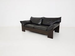Brutalist Oak and Leather 2-Seat Sofa or Loveseat by Leolux, Dutch Design, 1970s